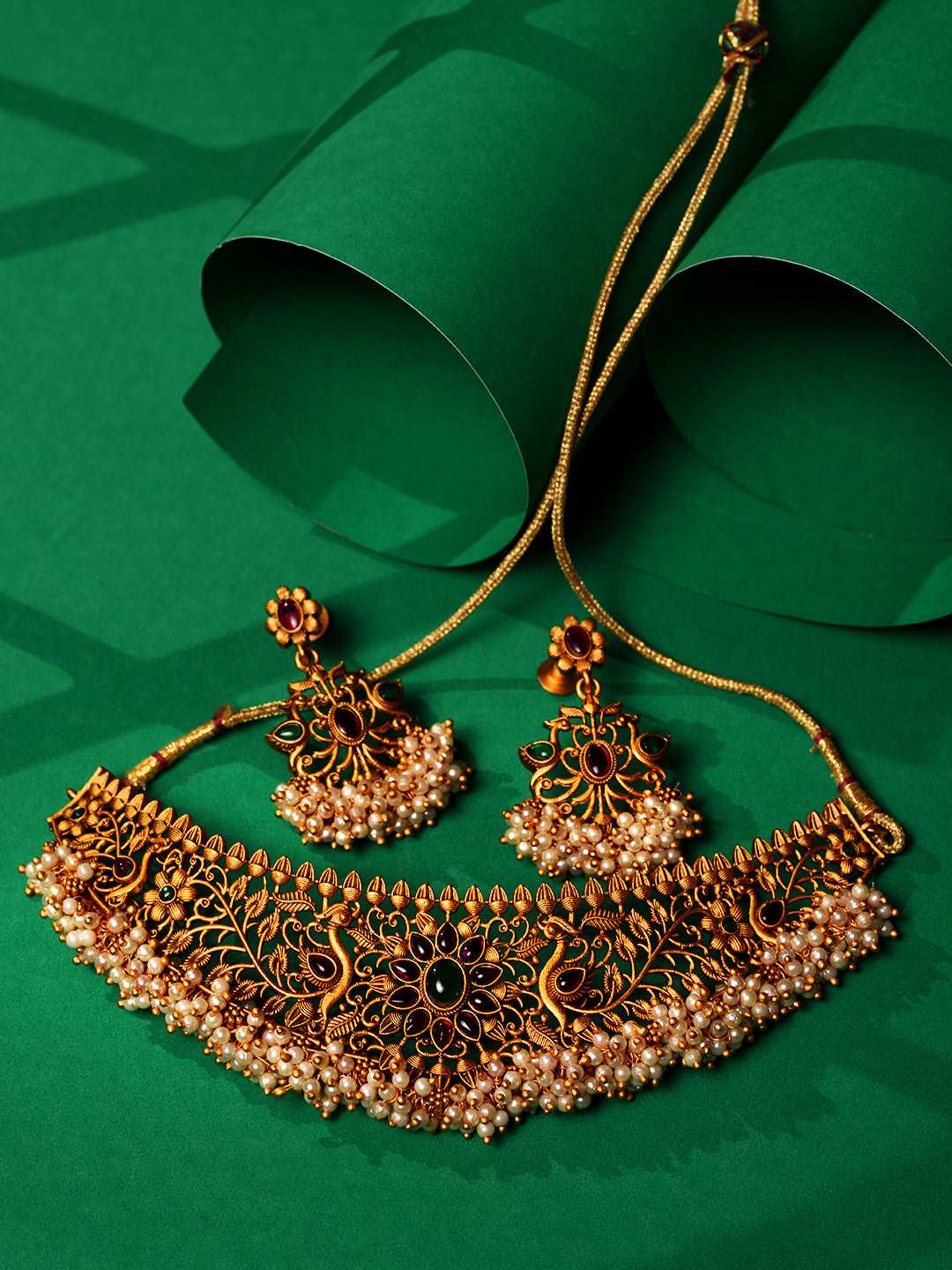 Gold Plated Red Kempo & Pearl Beaded Temple Choker Necklace Set, zaveri pearls, sale price rs, sale price, sale gold plated, sale gold, sale, rubans, ring, regular price, priyassi jewellery, 