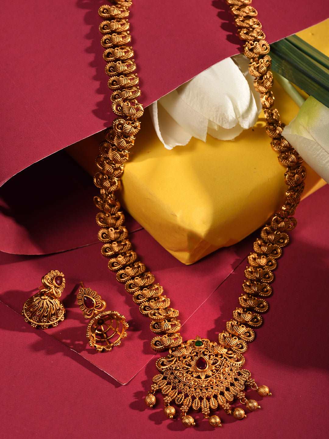 Gold Plated Floral Antique Temple Necklace Jewellery Set, zaveri pearls, sale price rs, sale price, sale gold plated, sale gold, sale, rubans, ring, regular price, priyassi jewellery, kushal'