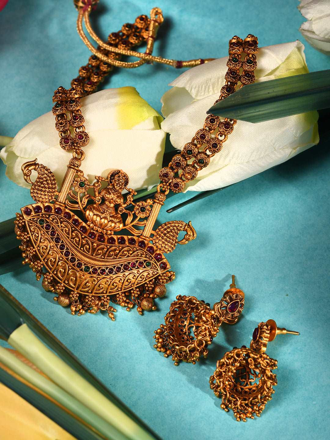 Gold Plated Red Kempo Goddess Lakshmi Deseigner Temple Jewellery Set, zaveri pearls, sale price rs, sale price, sale gold plated, sale gold, sale, rubans, ring, regular price, priyassi jewell