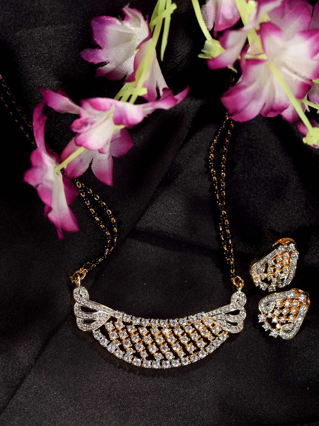 Gold Plated AD Studded & Black Beaded Handcrafted Mangalsutra Earrings, zaveri pearls, sale price rs, sale price, sale gold plated, sale gold, sale, rubans, ring, regular price, priyassi jewe