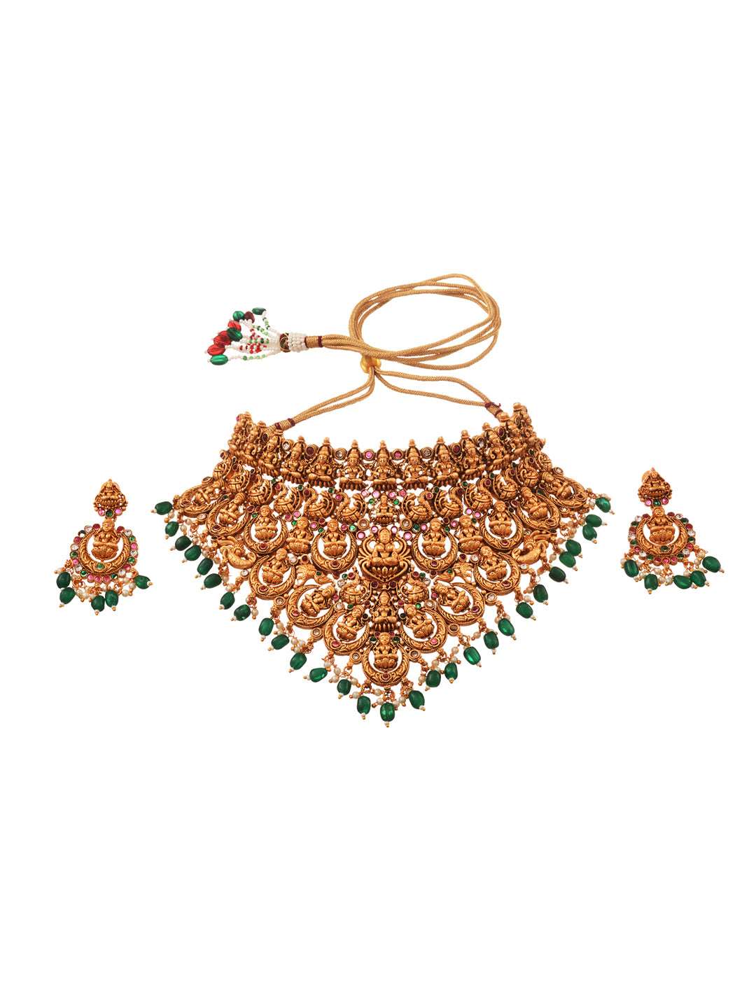 Gold Plated Intricate Temple Design Dangling Green Beads Choker Jewellery Set, zaveri pearls, sale price rs, sale price, sale gold plated, sale gold, sale, rubans, ring, regular price, priyas