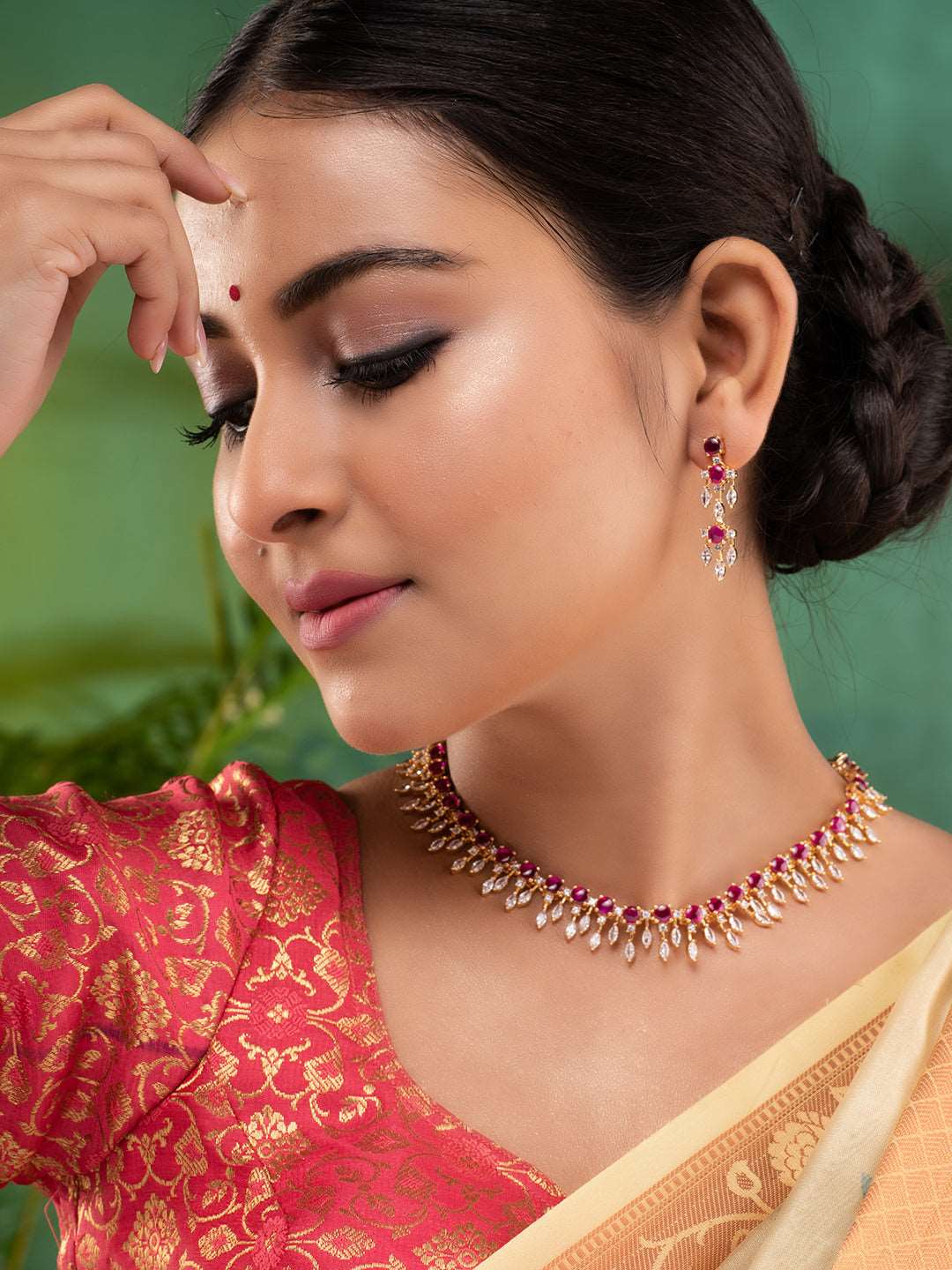 Gold Plated & Pink AD Studded Necklace & Earrings, zaveri pearls, sale price rs, sale price, sale gold plated, sale gold, sale, rubans, ring, regular price, priyassi jewellery, kushal's - Sar