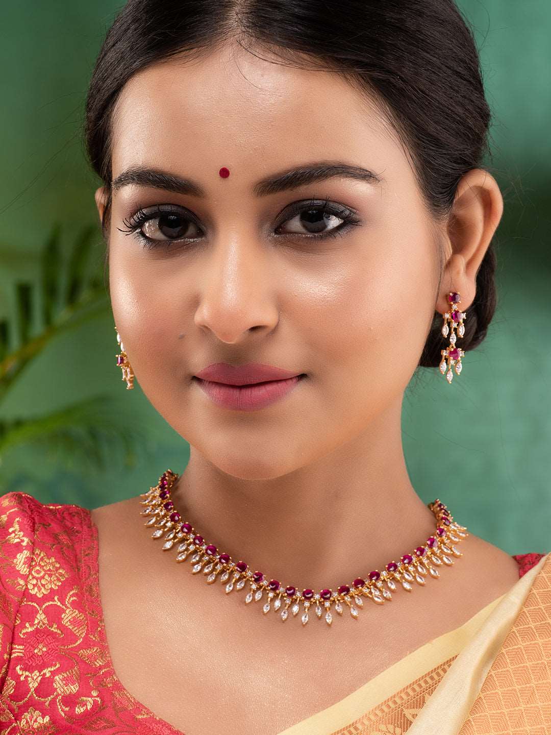 Gold Plated & Pink AD Studded Necklace & Earrings, zaveri pearls, sale price rs, sale price, sale gold plated, sale gold, sale, rubans, ring, regular price, priyassi jewellery, kushal's - Sar