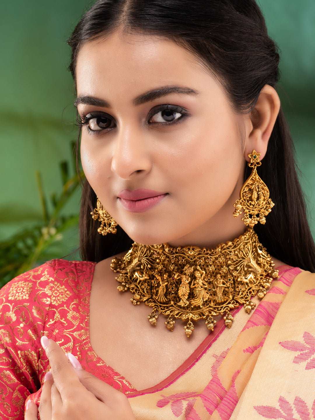 Gold Plated AD Stone Temple Radhe Krishna Necklace Jewellery Set, zaveri pearls, sale price rs, sale price, sale gold plated, sale gold, sale, rubans, ring, regular price, priyassi jewellery,