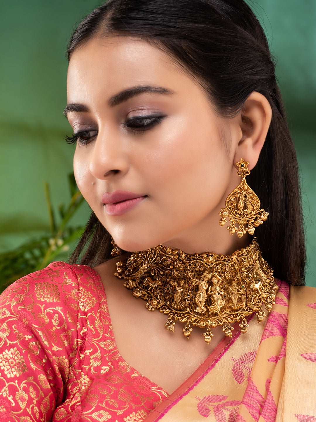 Gold Plated AD Stone Temple Radhe Krishna Necklace Jewellery Set, zaveri pearls, sale price rs, sale price, sale gold plated, sale gold, sale, rubans, ring, regular price, priyassi jewellery,