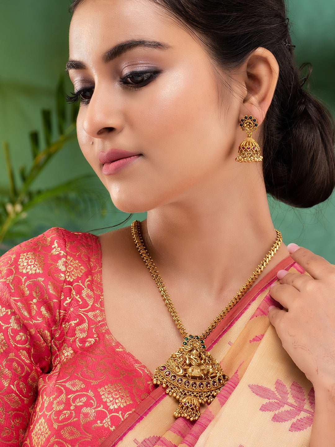 Gold Plated Green AD Embellished Pendant Temple Jewellery Set, zaveri pearls, sale price rs, sale price, sale gold plated, sale gold, sale, rubans, ring, regular price, priyassi jewellery, ku