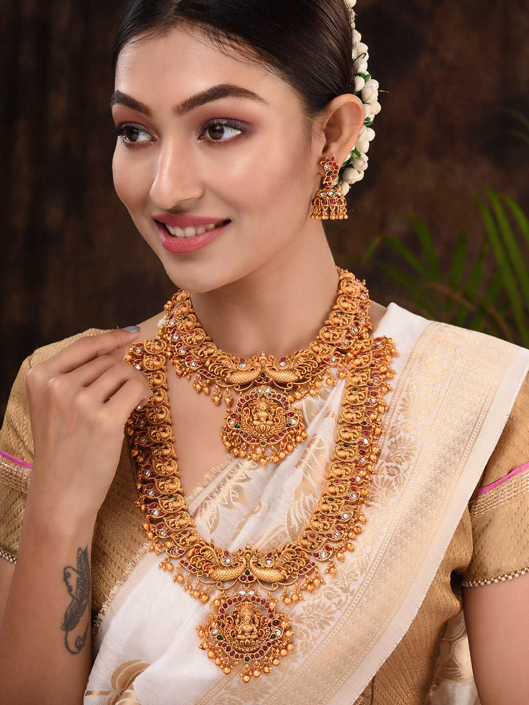 Gold Plated Gorgeous Saadhvi Combo Temple Jewellery Set, zaveri pearls, sale price rs, sale price, sale gold plated, sale gold, sale, rubans, ring, regular price, priyassi jewellery, kushal's