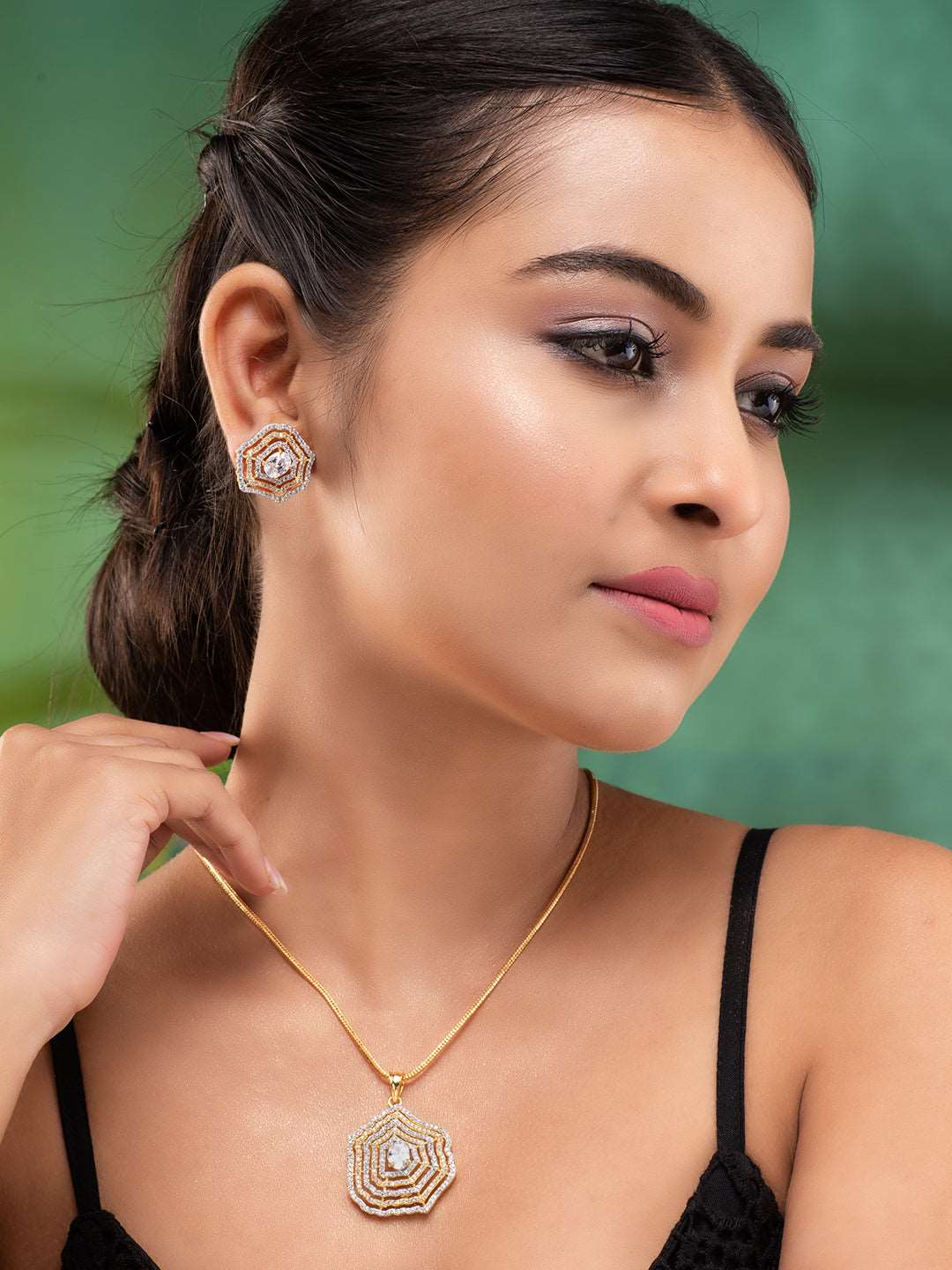 Gold Plated AD Studded Statement Pendant jewellery set, zaveri pearls, sale price rs, sale price, sale gold plated, sale gold, sale, rubans, ring, regular price, priyassi jewellery, kushal's 