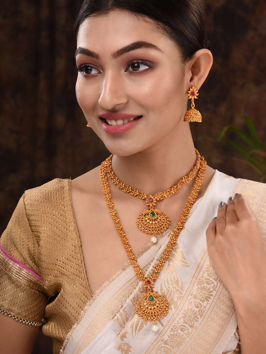 Gold Plated Grand South Indian Imitation Bridal combo Temple Jewellery Set, zaveri pearls, sale price rs, sale price, sale gold plated, sale gold, sale, rubans, ring, regular price, priyassi 