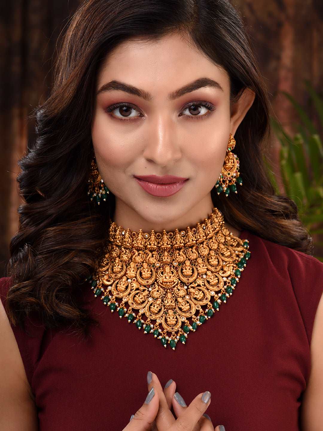 Gold Plated Intricate Temple Design Dangling Green Beads Choker Jewellery Set, zaveri pearls, sale price rs, sale price, sale gold plated, sale gold, sale, rubans, ring, regular price, priyas