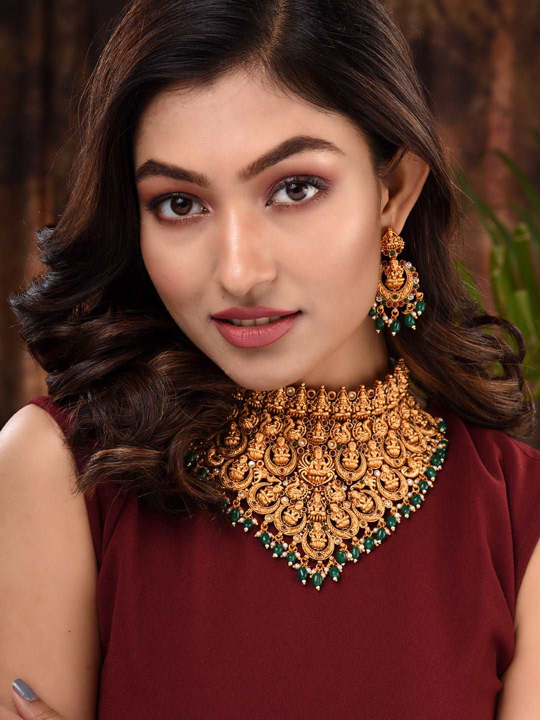 Gold Plated Intricate Temple Design Dangling Green Beads Choker Jewellery Set, zaveri pearls, sale price rs, sale price, sale gold plated, sale gold, sale, rubans, ring, regular price, priyas