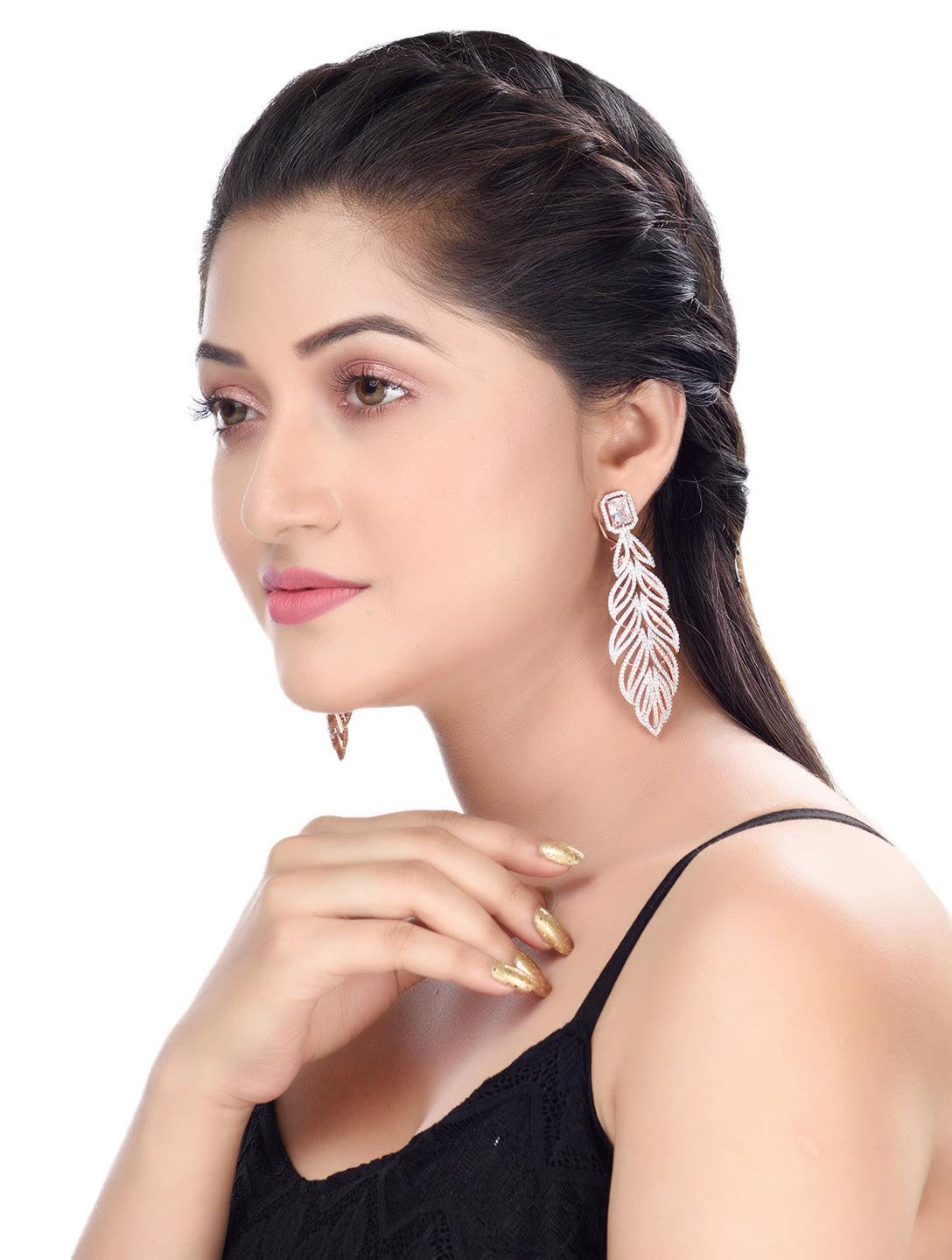 Rose Gold plated Leaf Design AD studded Earrings, zaveri pearls, sale price rs, sale price, sale gold plated, sale gold, sale, rubans, ring, regular price, priyassi jewellery, kushal's - Sara