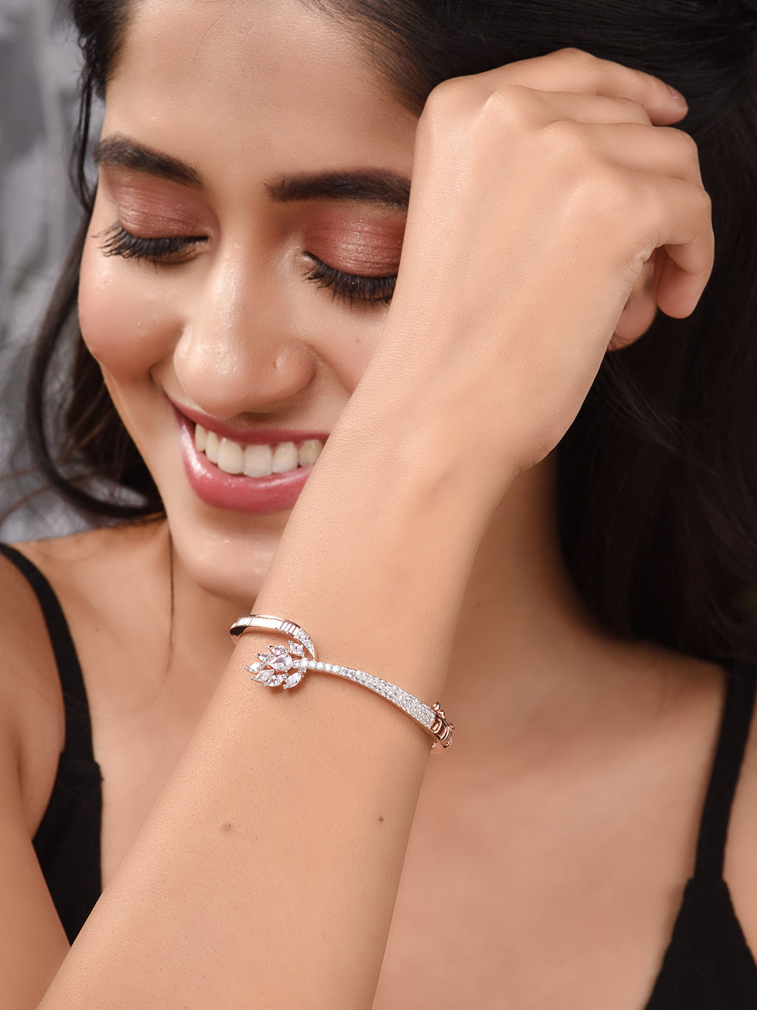Rose Gold Plated AD Studded Floral Minimal kada Bracelet, zaveri pearls, sale price rs, sale price, sale gold plated, sale gold, sale, rubans, ring, regular price, priyassi jewellery, kushal'