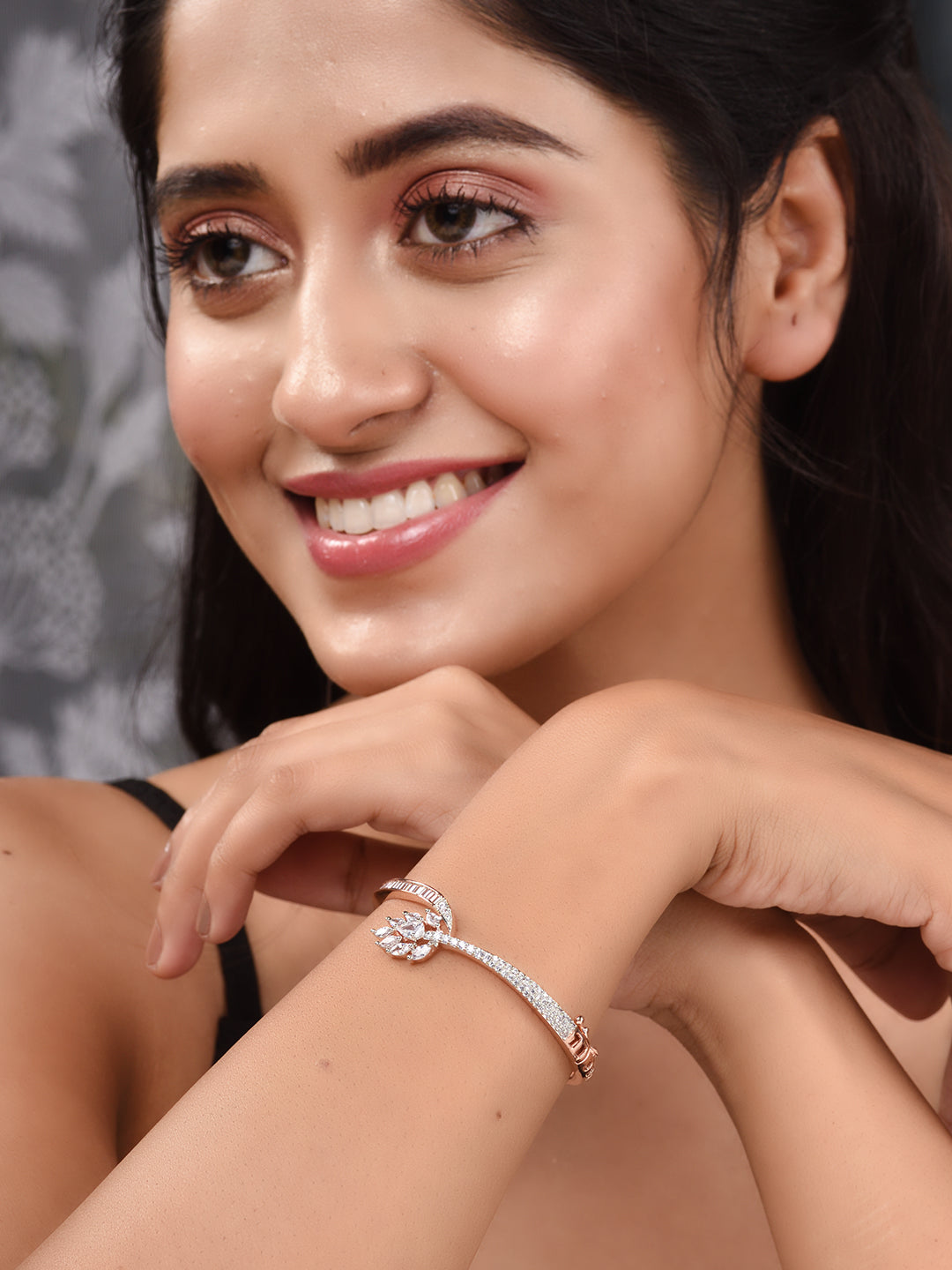 Rose Gold Plated AD Studded Floral Minimal kada Bracelet, zaveri pearls, sale price rs, sale price, sale gold plated, sale gold, sale, rubans, ring, regular price, priyassi jewellery, kushal'