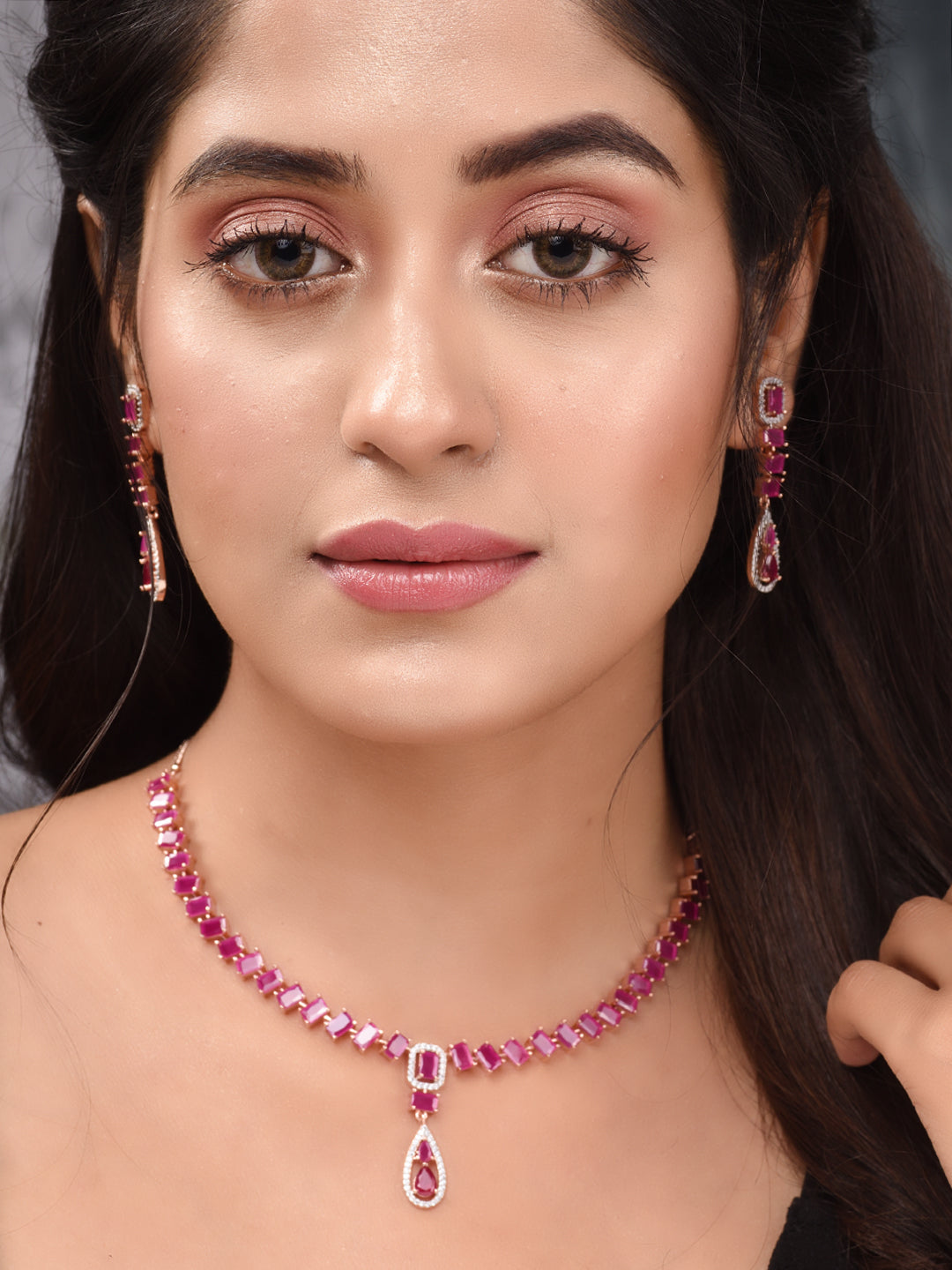 Rose Gold Toned Ruby Pink AD Studded Minimal Necklace Jewellery Set, zaveri pearls, sale price rs, sale price, sale gold plated, sale gold, sale, rubans, ring, regular price, priyassi jewelle
