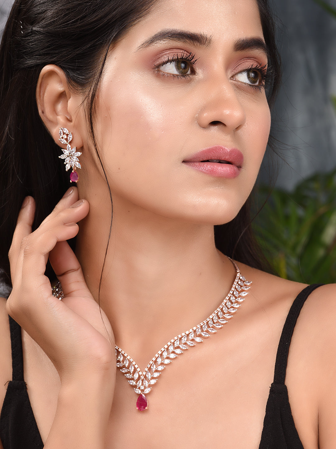 Rose Gold Plated Red AD Studded Statement Necklace Jewellery Set, zaveri pearls, sale price rs, sale price, sale gold plated, sale gold, sale, rubans, ring, regular price, priyassi jewellery,