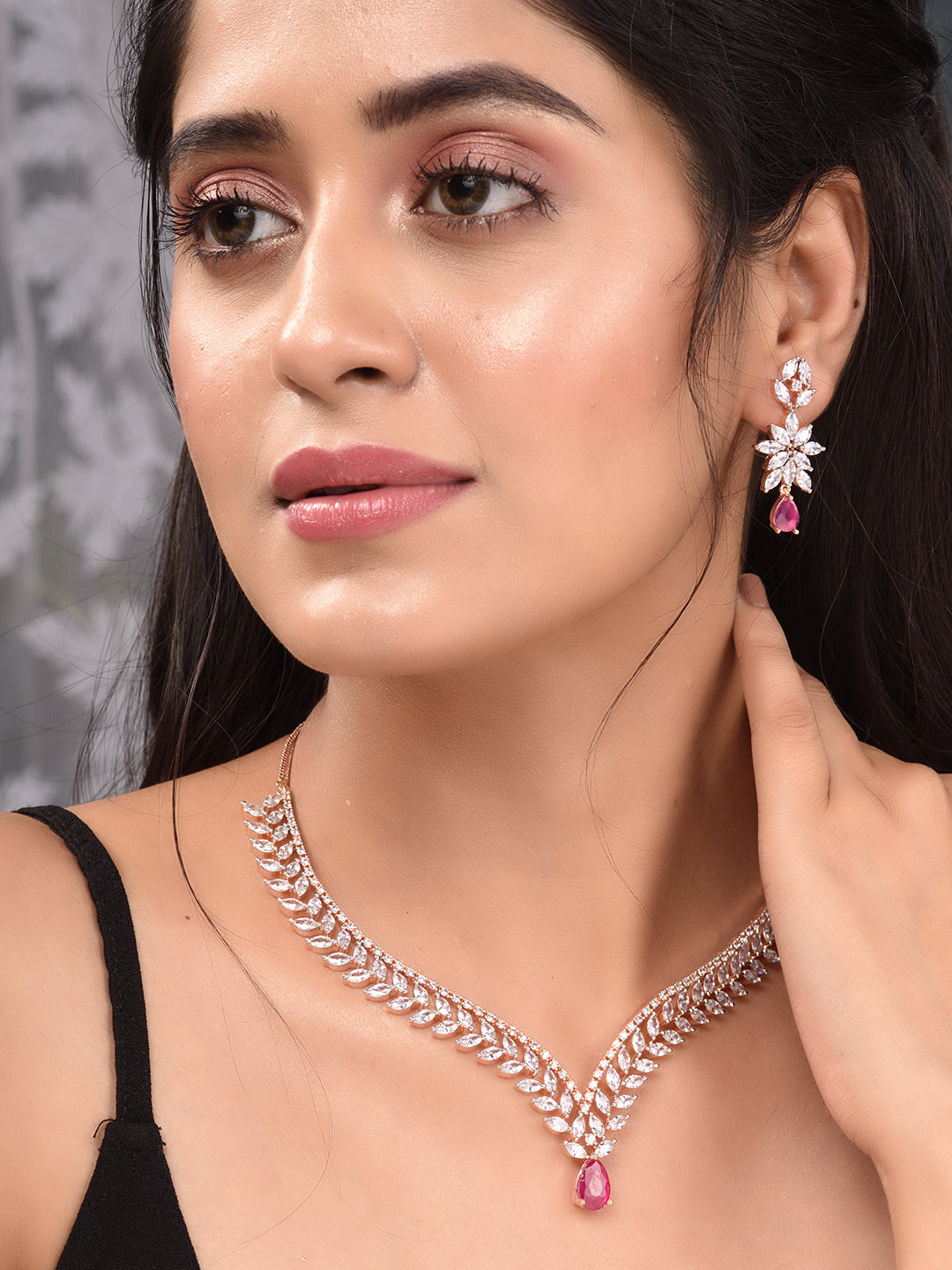 Rose Gold Plated Red AD Studded Statement Necklace Jewellery Set, zaveri pearls, sale price rs, sale price, sale gold plated, sale gold, sale, rubans, ring, regular price, priyassi jewellery,