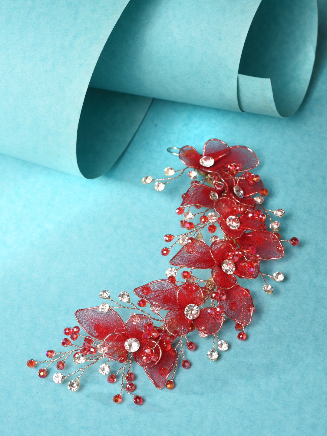 Gold Toned & Red Stocking Flowers Beaded Tiara Hair Accessory, zaveri pearls, sale price rs, sale price, sale gold plated, sale gold, sale, rubans, ring, regular price, priyassi jewellery, ku