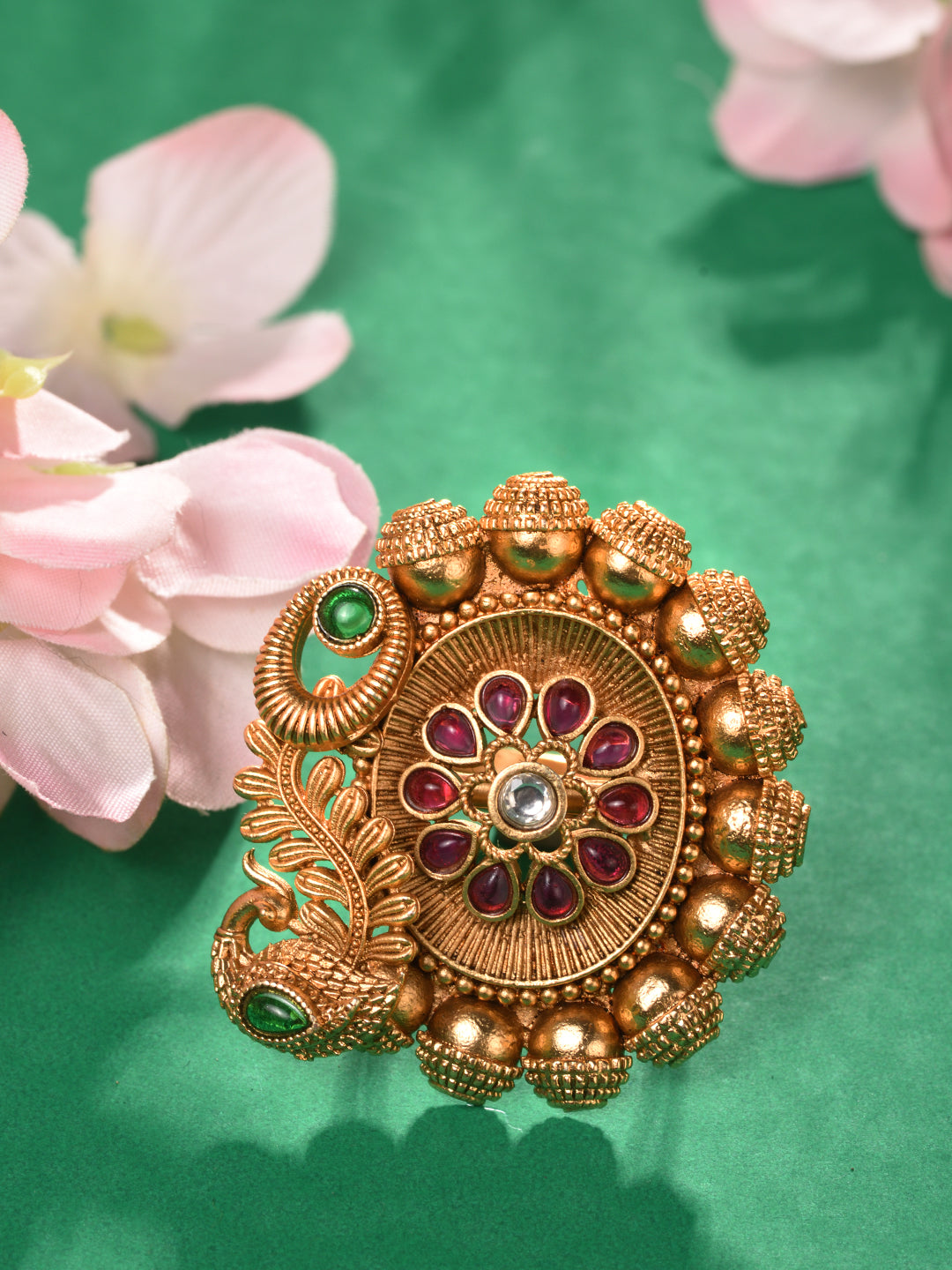 Royal 22kt Antique Gold Ring Hath Phool | Raj Jewels