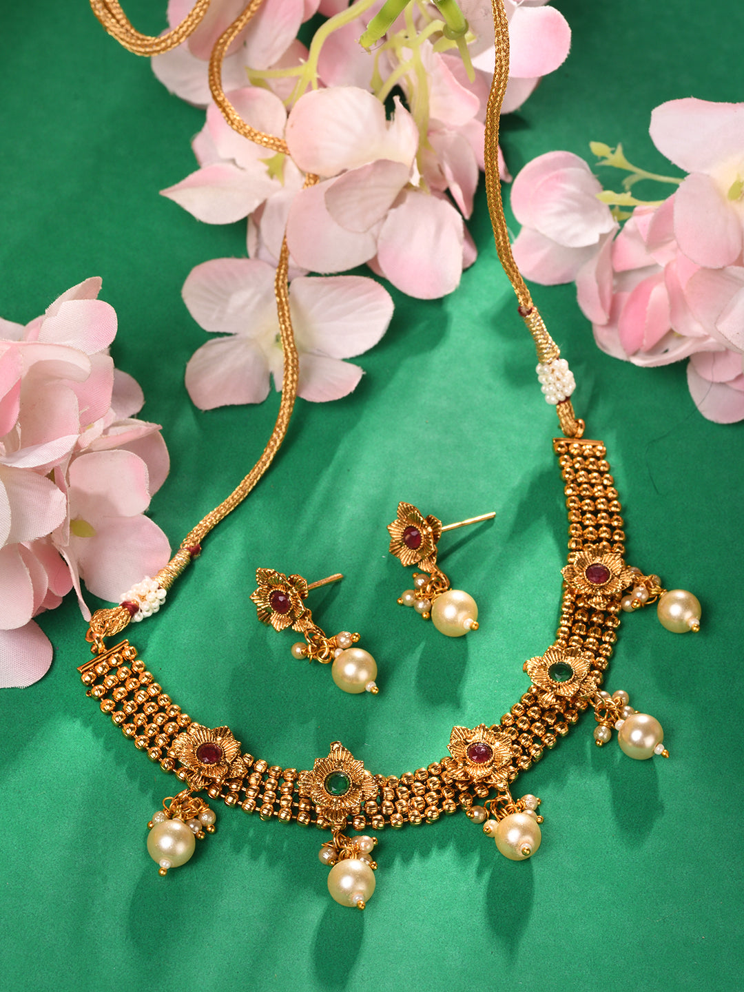 GoldPlated Red & Green AD Studded Jewellery Set, zaveri pearls, sale price rs, sale price, sale gold plated, sale gold, sale, rubans, ring, regular price, priyassi jewellery, kushal's - Saraf