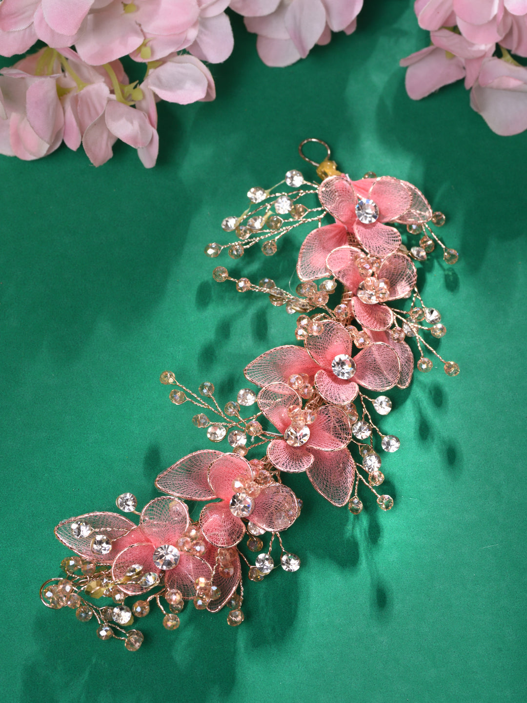 Gold Toned & Pink Stocking Flowers Beaded Tiara Hair Accessory, zaveri pearls, sale price rs, sale price, sale gold plated, sale gold, sale, rubans, ring, regular price, priyassi jewellery, k