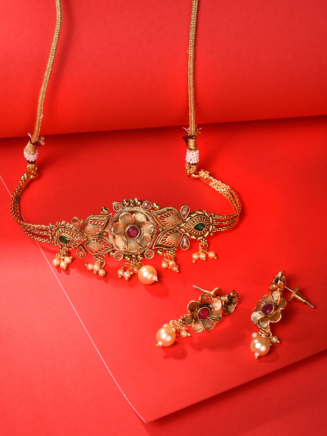 GoldPlated Red & Green AD Studded Jewellery Set, zaveri pearls, sale price rs, sale price, sale gold plated, sale gold, sale, rubans, ring, regular price, priyassi jewellery, kushal's - Saraf
