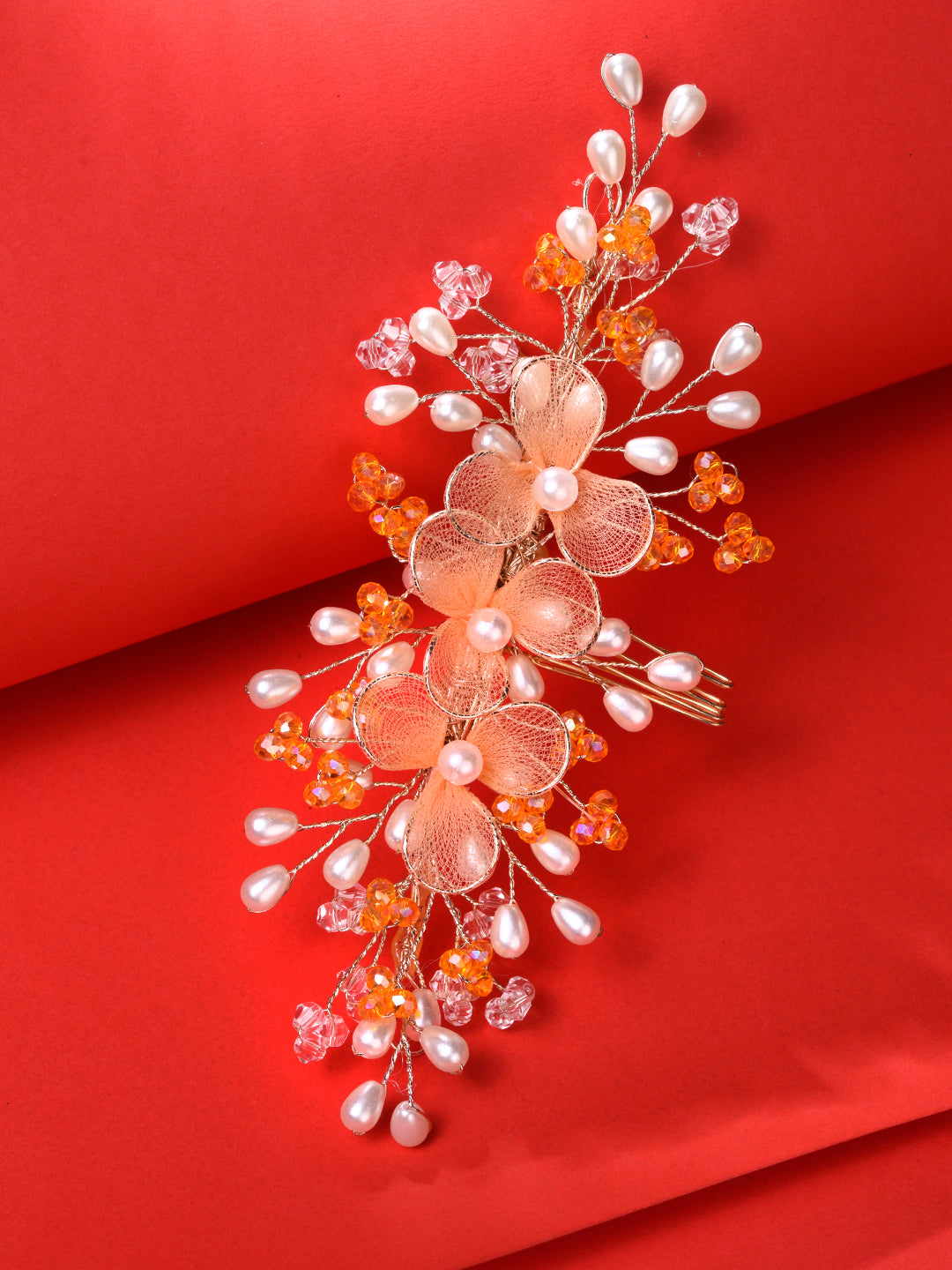 Gold Toned & Orange Stocking Flowers Beaded Hair Accessory, zaveri pearls, sale price rs, sale price, sale gold plated, sale gold, sale, rubans, ring, regular price, priyassi jewellery, kusha