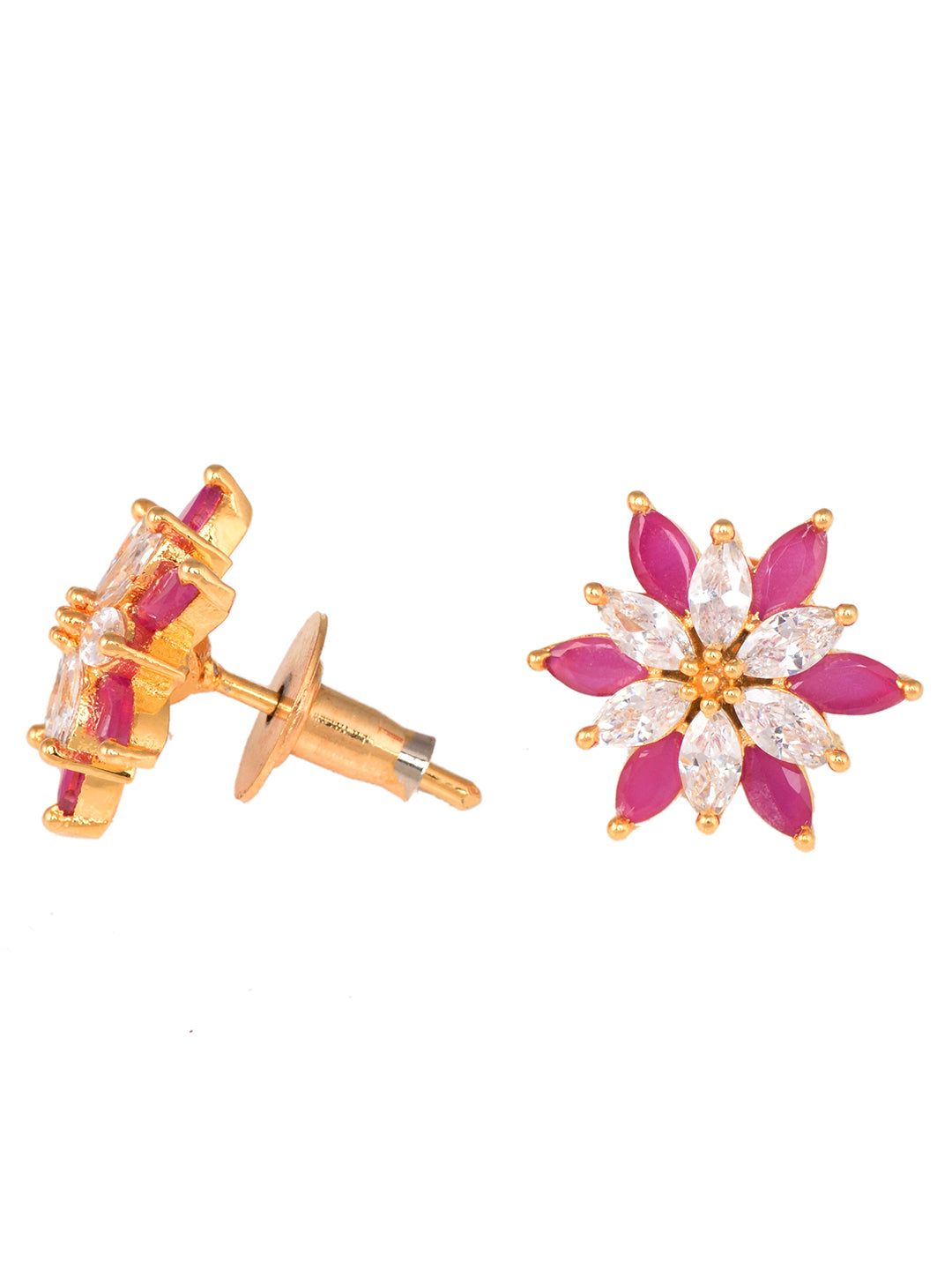 Gold Plated Floral studs Red & White AD encrusted Earrings, zaveri pearls, sale price rs, sale price, sale gold plated, sale gold, sale, rubans, ring, regular price, priyassi jewellery, kusha