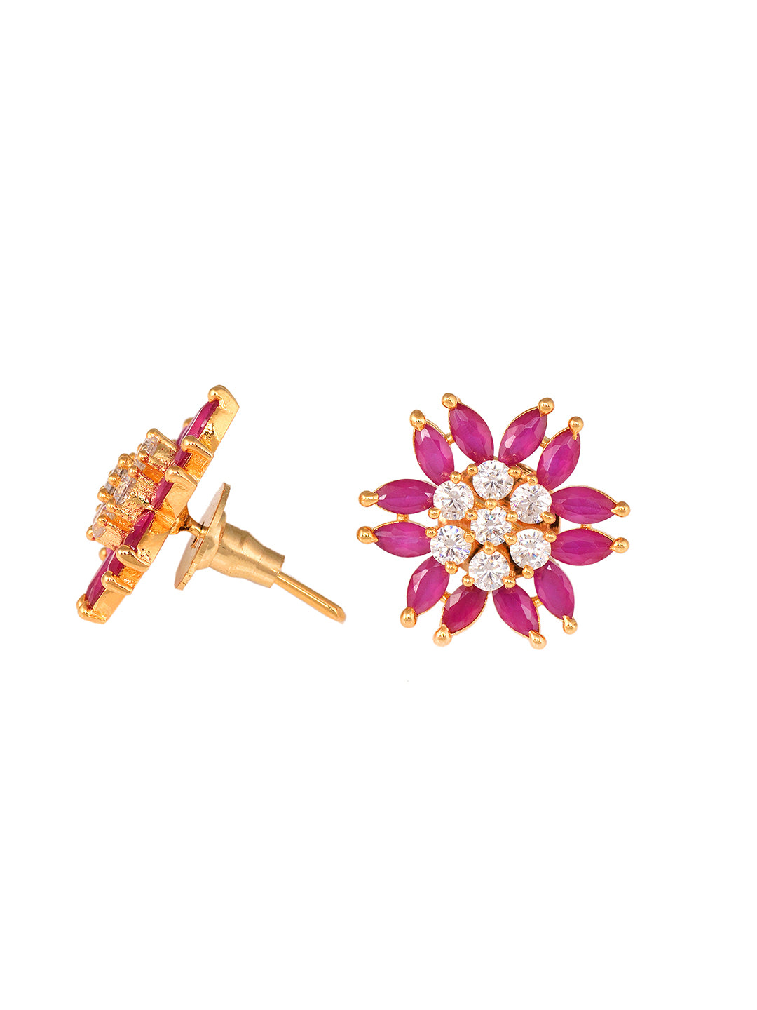 Gold Plated Contemporary Floral Stud Red and White AD Earrings, zaveri pearls, sale price rs, sale price, sale gold plated, sale gold, sale, rubans, ring, regular price, priyassi jewellery, k