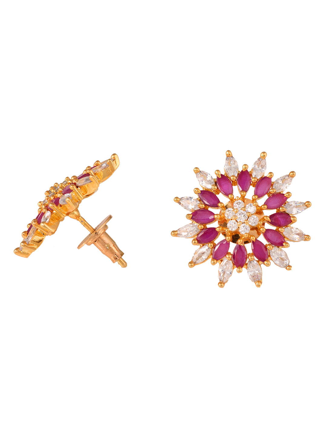 Gold Plated ornate Floral studs Red & White AD encrusted Earrings, zaveri pearls, sale price rs, sale price, sale gold plated, sale gold, sale, rubans, ring, regular price, priyassi jewellery