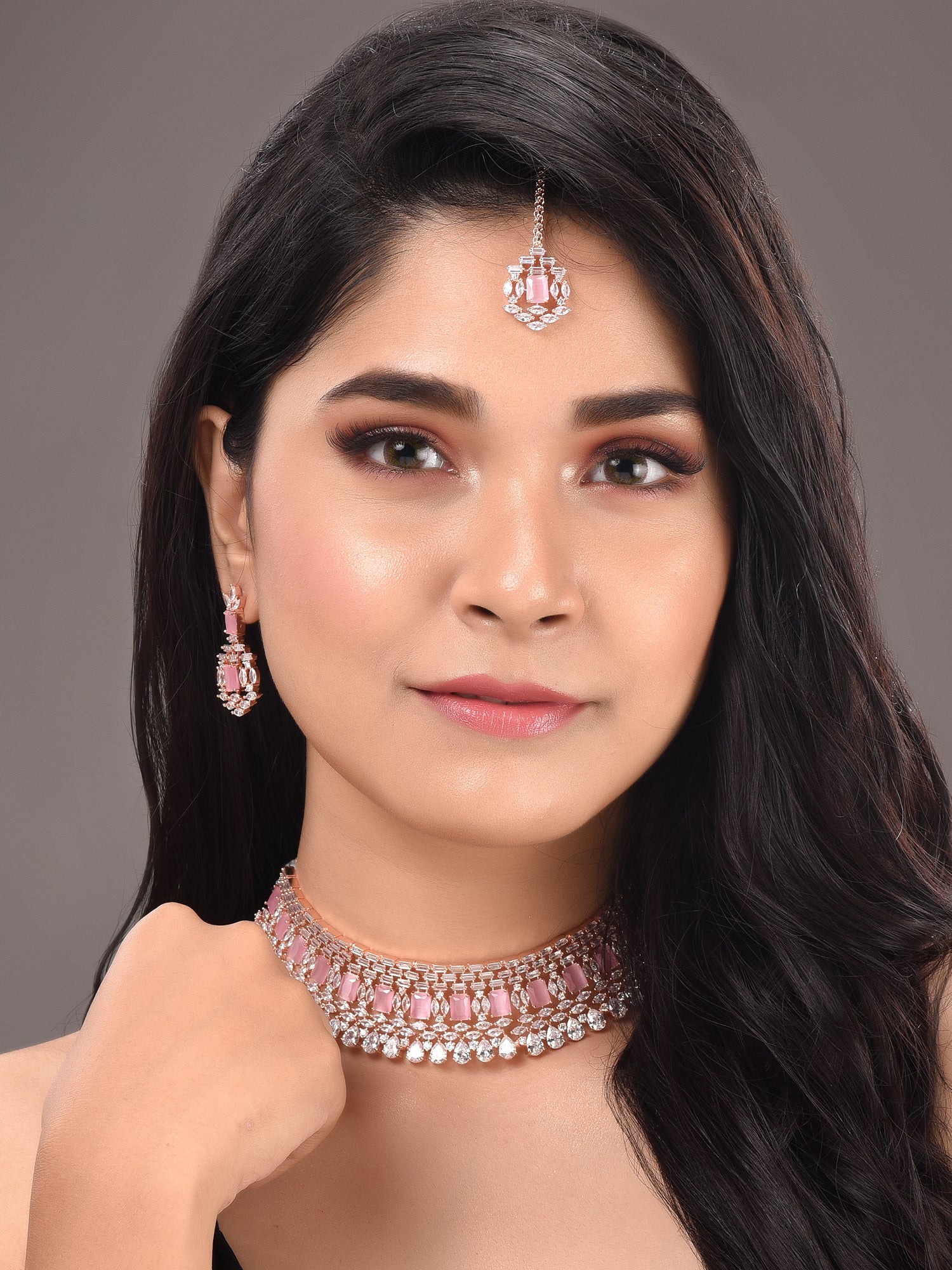 Rose Gold Plated Pink & White AD Studded Choker Earrings &Maang Tika Jewellery Set, zaveri pearls, sale price rs, sale price, sale gold plated, sale gold, sale, rubans, ring, regular price, p