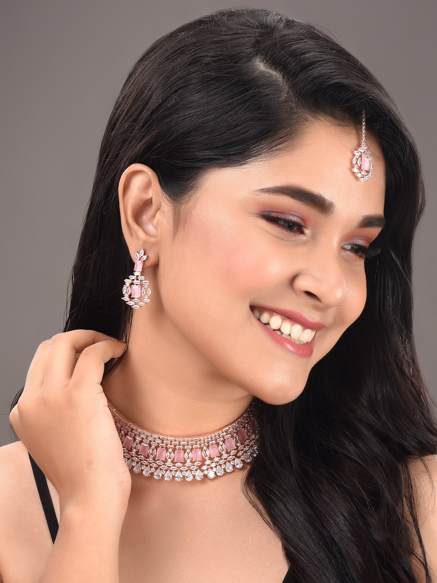 Rose Gold Plated Pink & White AD Studded Choker Earrings &Maang Tika Jewellery Set, zaveri pearls, sale price rs, sale price, sale gold plated, sale gold, sale, rubans, ring, regular price, p