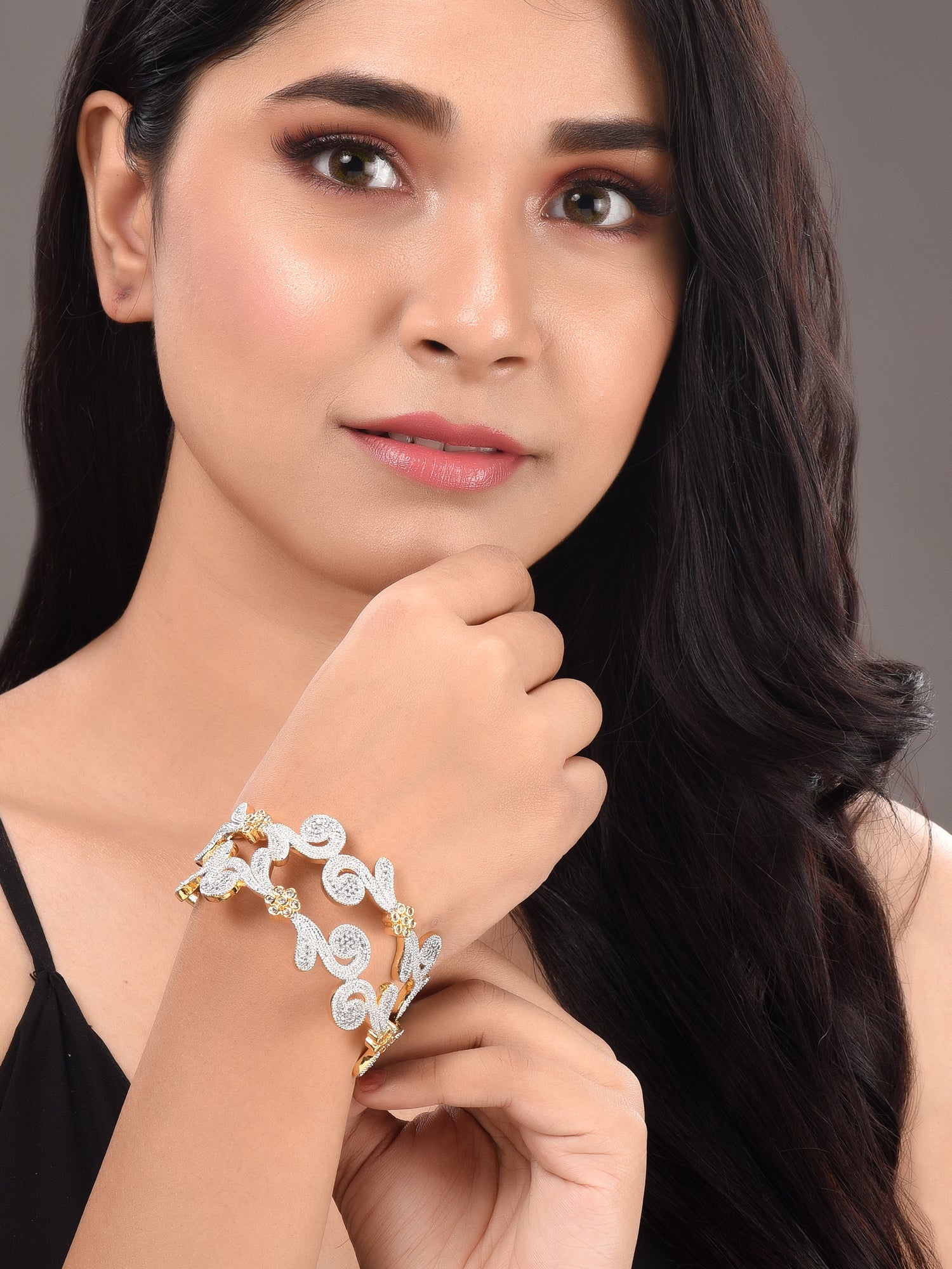 Set Of 2 Dua Toned Gold Plated Whitee AD Studded Handcrafted Leafy Design Bangles, zaveri pearls, sale price rs, sale price, sale gold plated, sale gold, sale, rubans, ring, regular price, pr