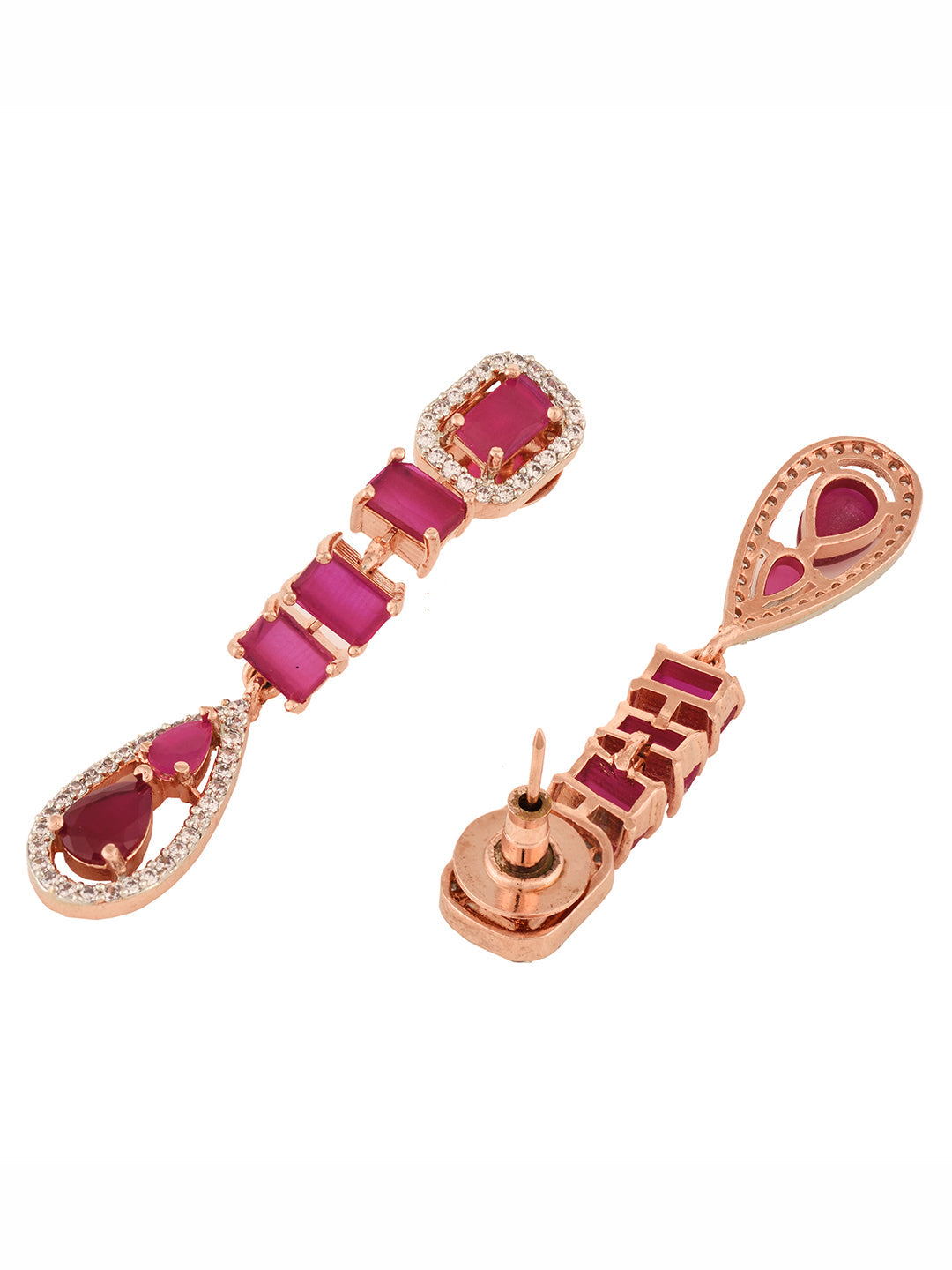 Rose Gold Toned Ruby Pink AD Studded Minimal Necklace Jewellery Set, zaveri pearls, sale price rs, sale price, sale gold plated, sale gold, sale, rubans, ring, regular price, priyassi jewelle