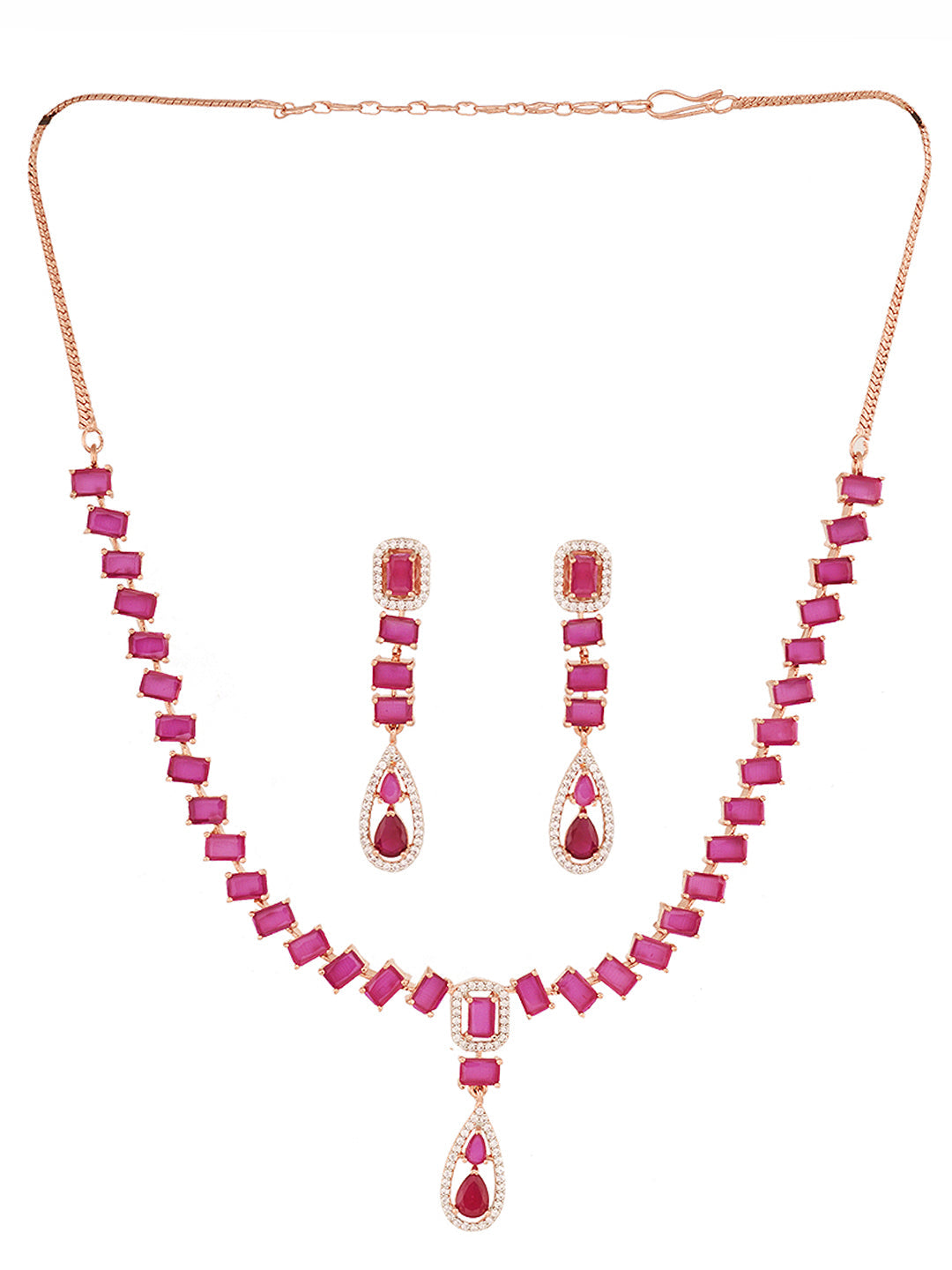 Rose Gold Toned Ruby Pink AD Studded Minimal Necklace Jewellery Set, zaveri pearls, sale price rs, sale price, sale gold plated, sale gold, sale, rubans, ring, regular price, priyassi jewelle