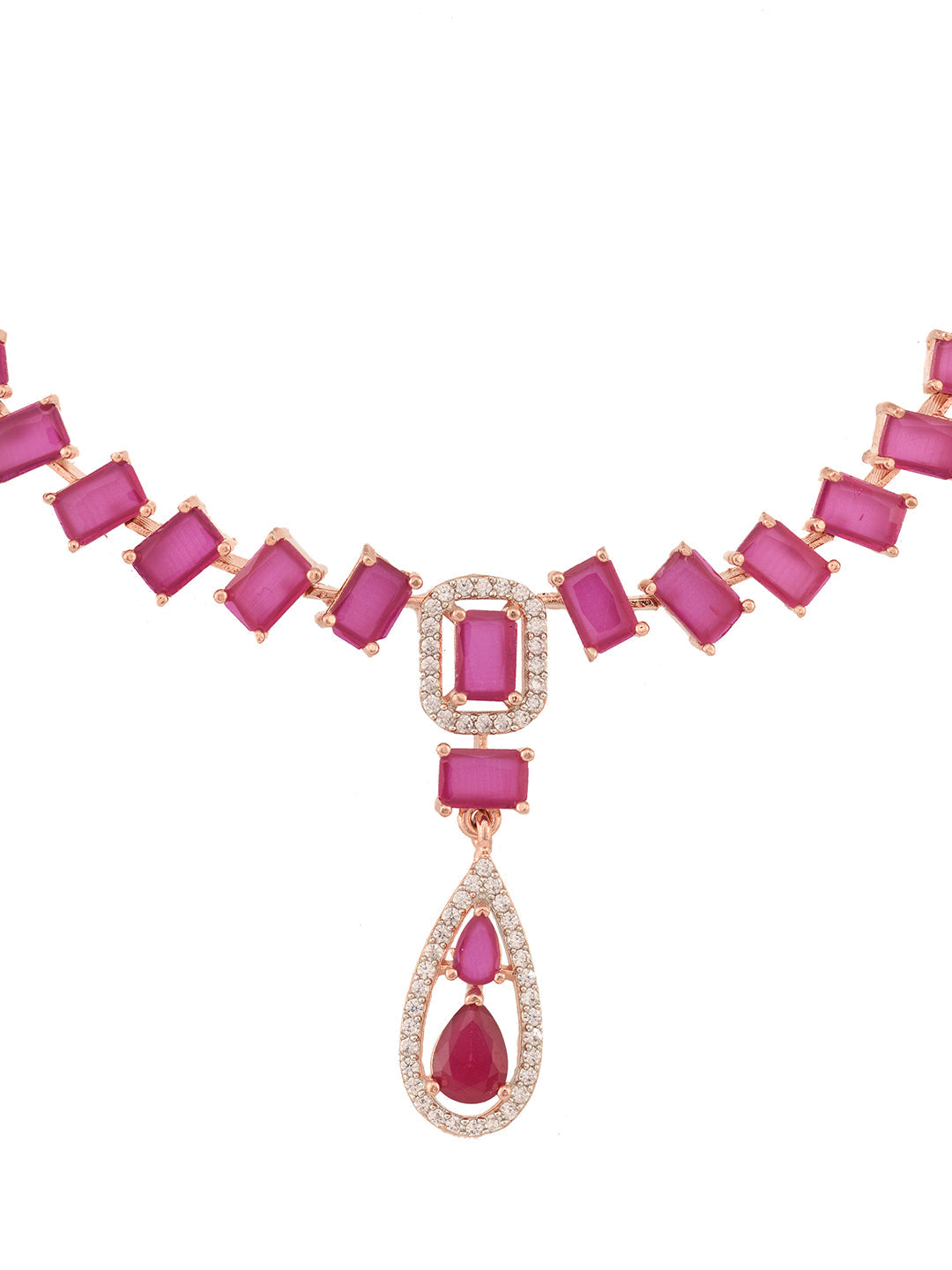 Rose Gold Toned Ruby Pink AD Studded Minimal Necklace Jewellery Set, zaveri pearls, sale price rs, sale price, sale gold plated, sale gold, sale, rubans, ring, regular price, priyassi jewelle