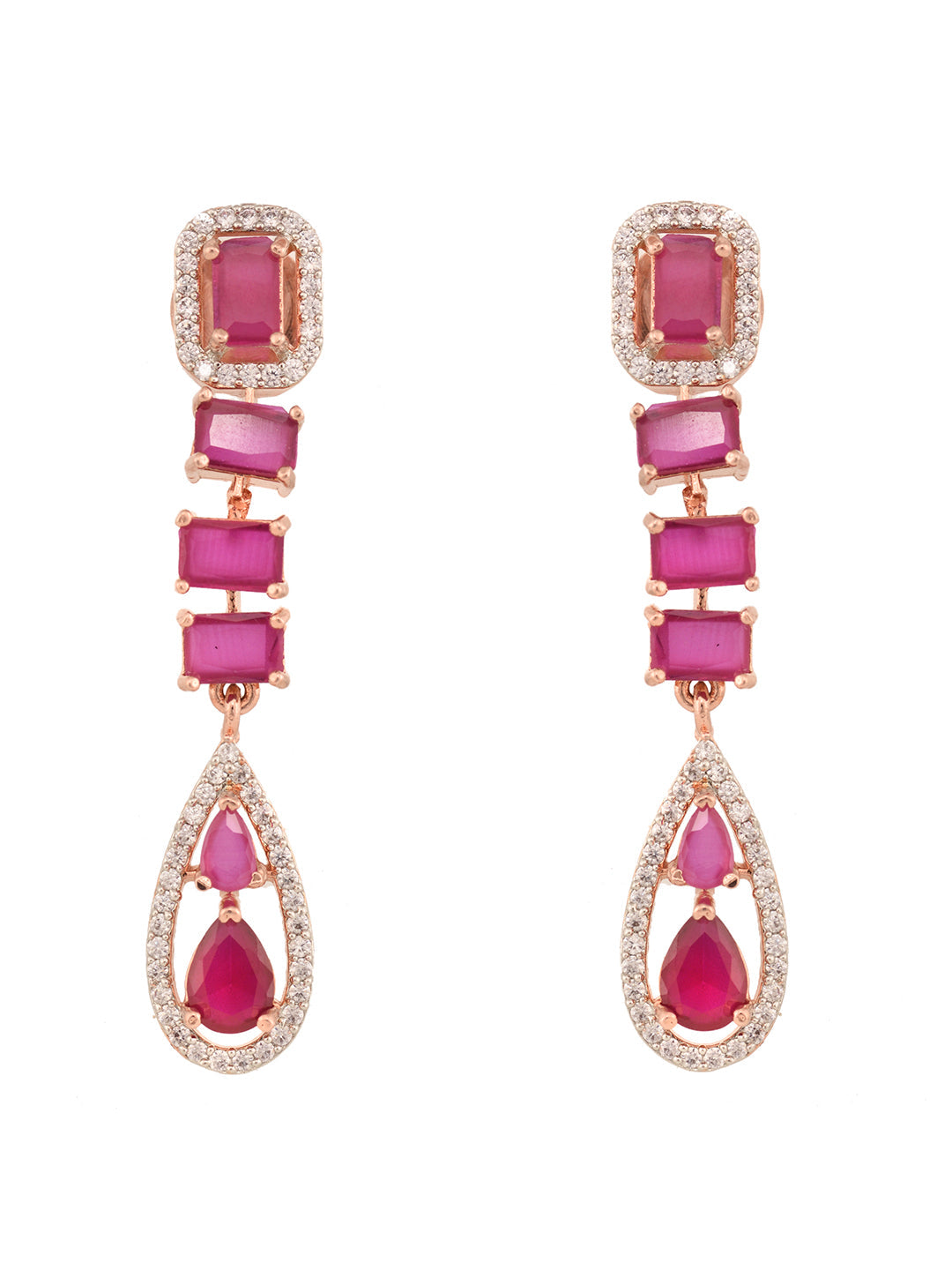 Rose Gold Toned Ruby Pink AD Studded Minimal Necklace Jewellery Set, zaveri pearls, sale price rs, sale price, sale gold plated, sale gold, sale, rubans, ring, regular price, priyassi jewelle