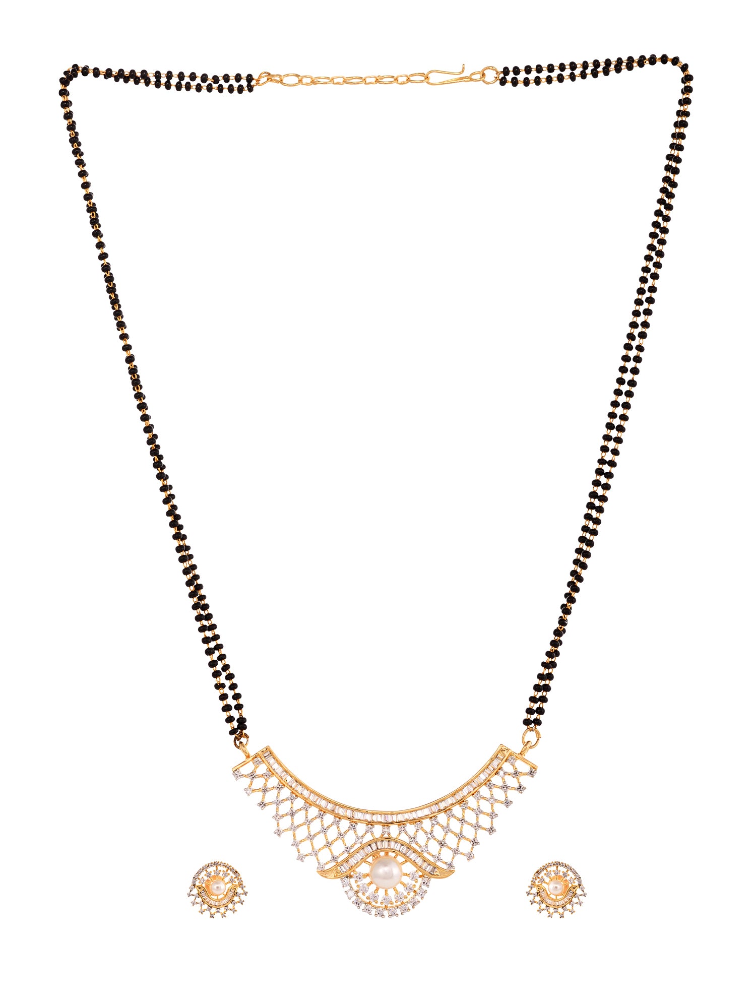 Gold Plated Black & White AD Studded & Beaded Mangalsutra Earrings, zaveri pearls, sale price rs, sale price, sale gold plated, sale gold, sale, rubans, ring, regular price, priyassi jeweller