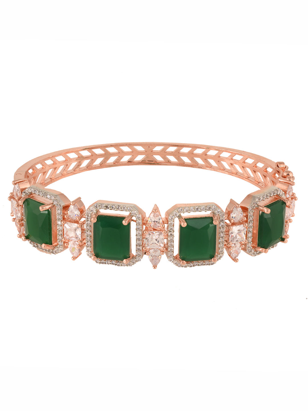 Rose Gold Plated Green Emerald Studded Statement Bracelet, zaveri pearls, sale price rs, sale price, sale gold plated, sale gold, sale, rubans, ring, regular price, priyassi jewellery, kushal
