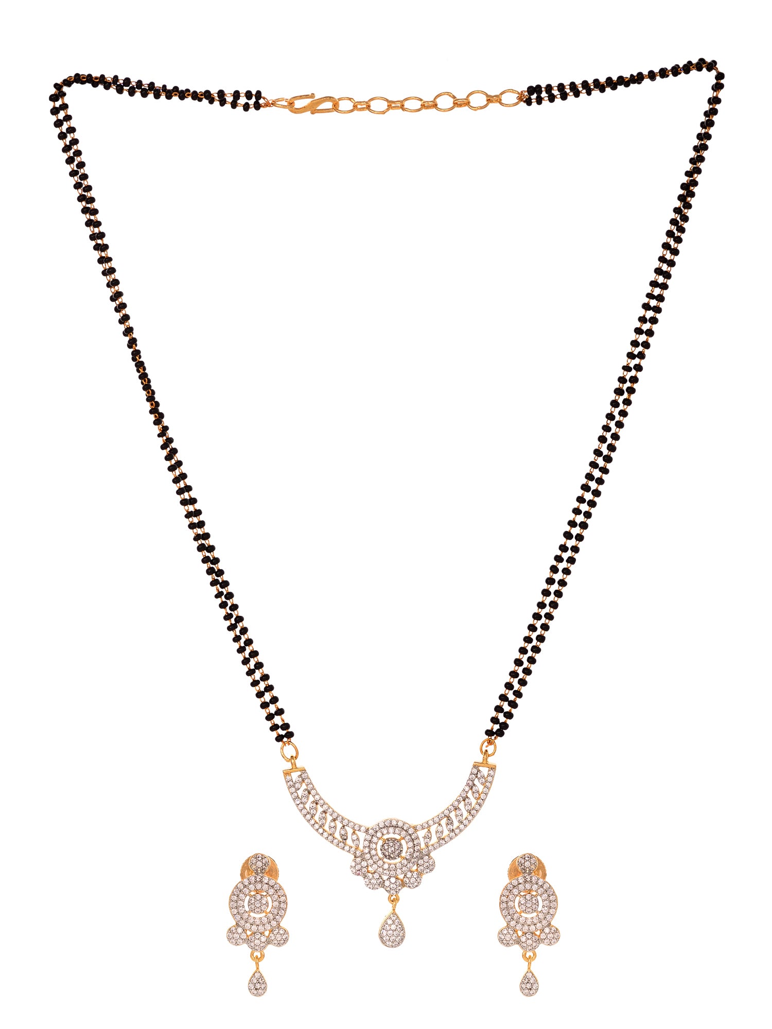Gold Plated Black & White AD Studded & Beaded Mangalsutra Earrings, zaveri pearls, sale price rs, sale price, sale gold plated, sale gold, sale, rubans, ring, regular price, priyassi jeweller