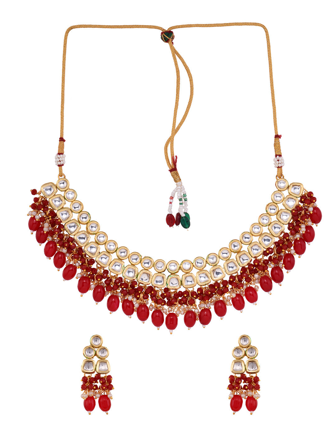 Gold Toned Kundan & Red Bead studded Handcrafted Jewellery Set, zaveri pearls, sale price rs, sale price, sale gold plated, sale gold, sale, rubans, ring, regular price, priyassi jewellery, k