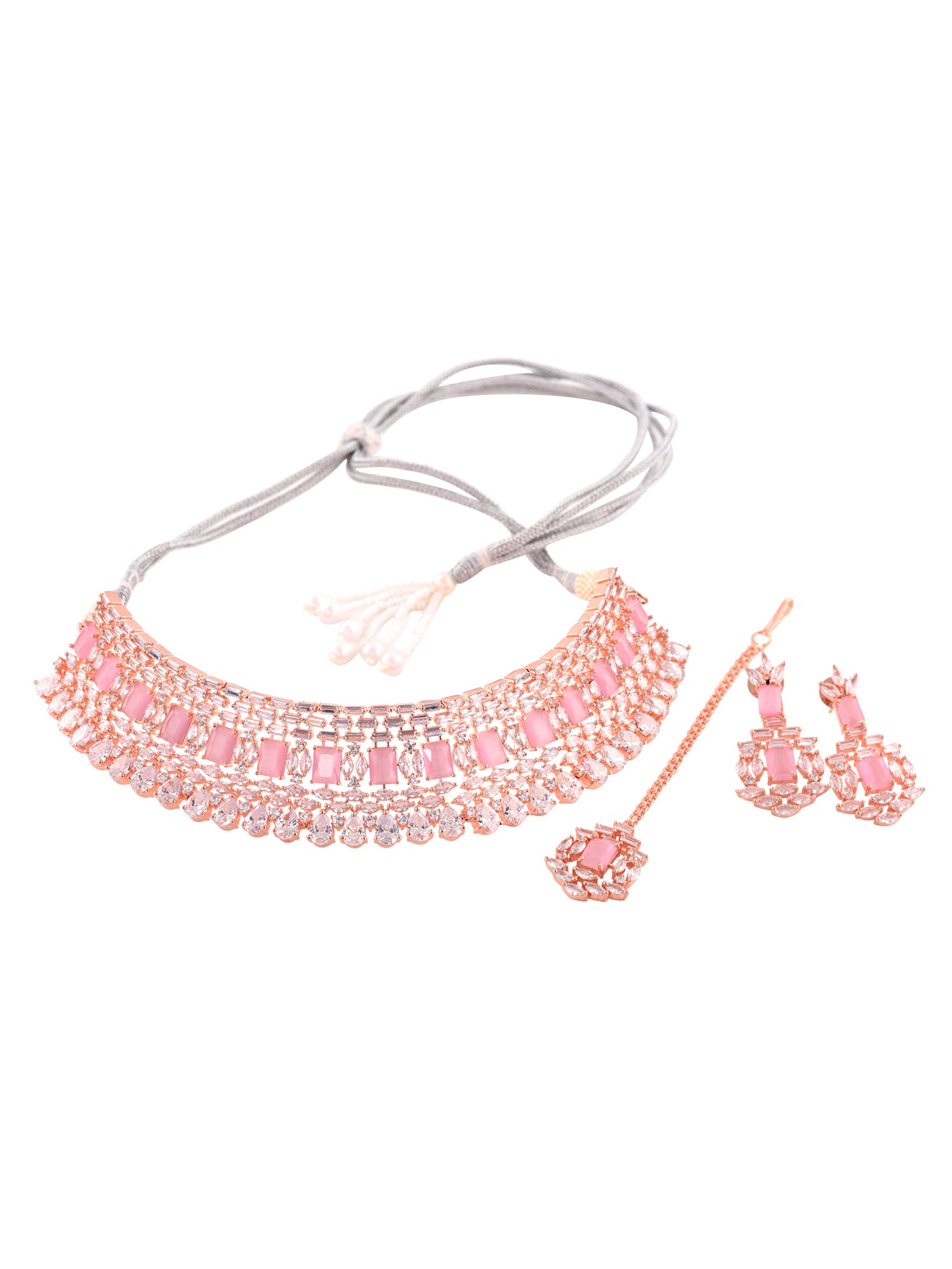 Rose Gold Plated Pink & White AD Studded Choker Earrings &Maang Tika Jewellery Set, zaveri pearls, sale price rs, sale price, sale gold plated, sale gold, sale, rubans, ring, regular price, p