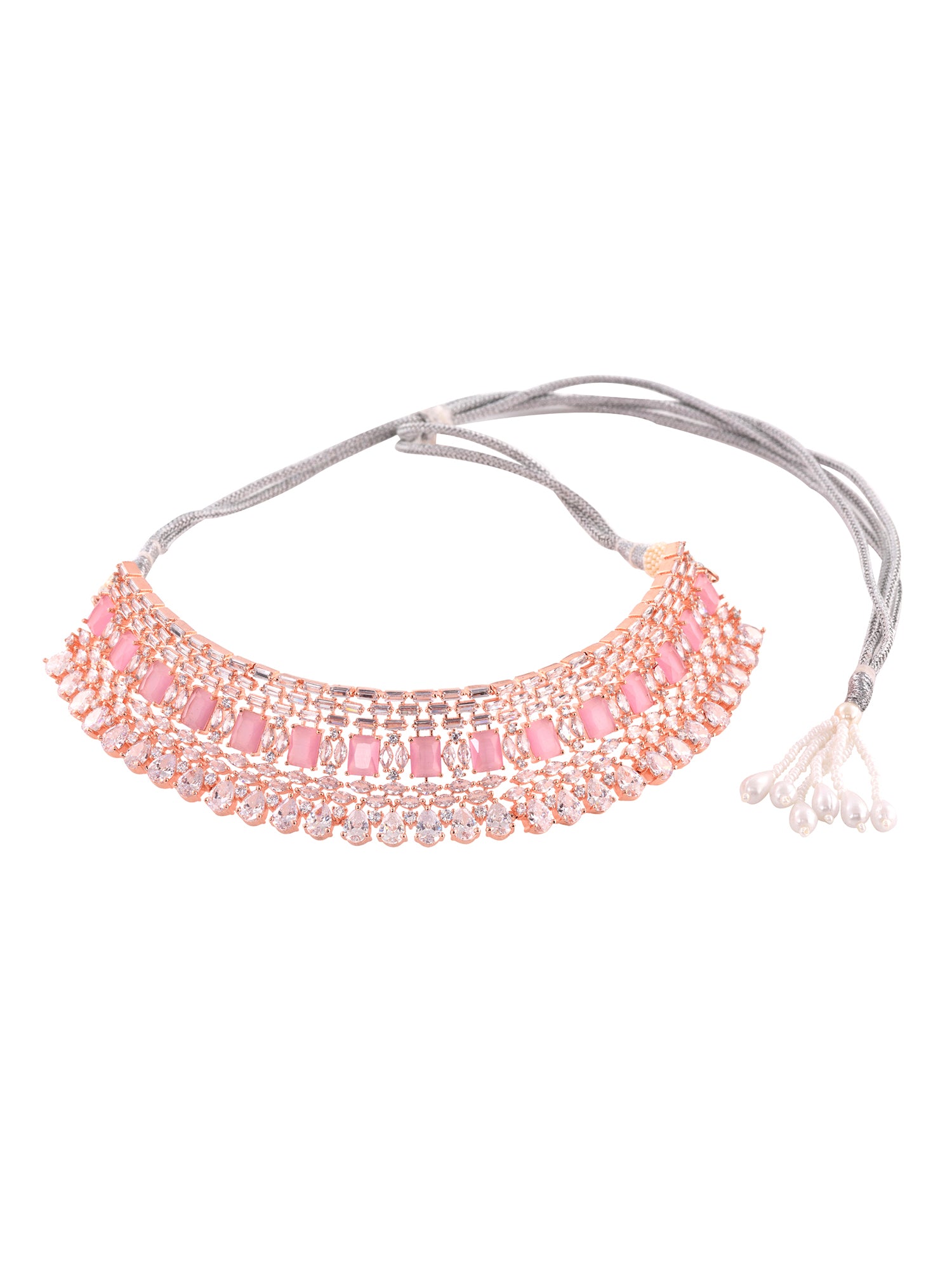 Rose Gold Plated Pink & White AD Studded Choker Earrings &Maang Tika Jewellery Set, zaveri pearls, sale price rs, sale price, sale gold plated, sale gold, sale, rubans, ring, regular price, p