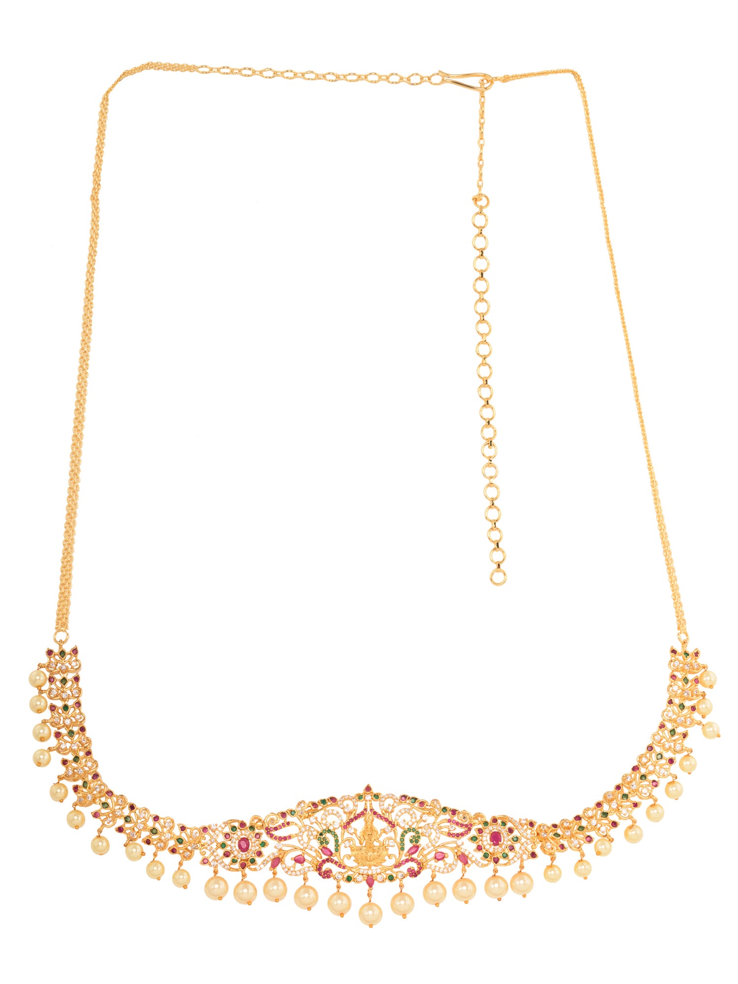 Red & Green AD STUdded Gold Plated Goddess Lakshmi Templef Kamarbandh, zaveri pearls, sale price rs, sale price, sale gold plated, sale gold, sale, rubans, ring, regular price, priyassi jewel