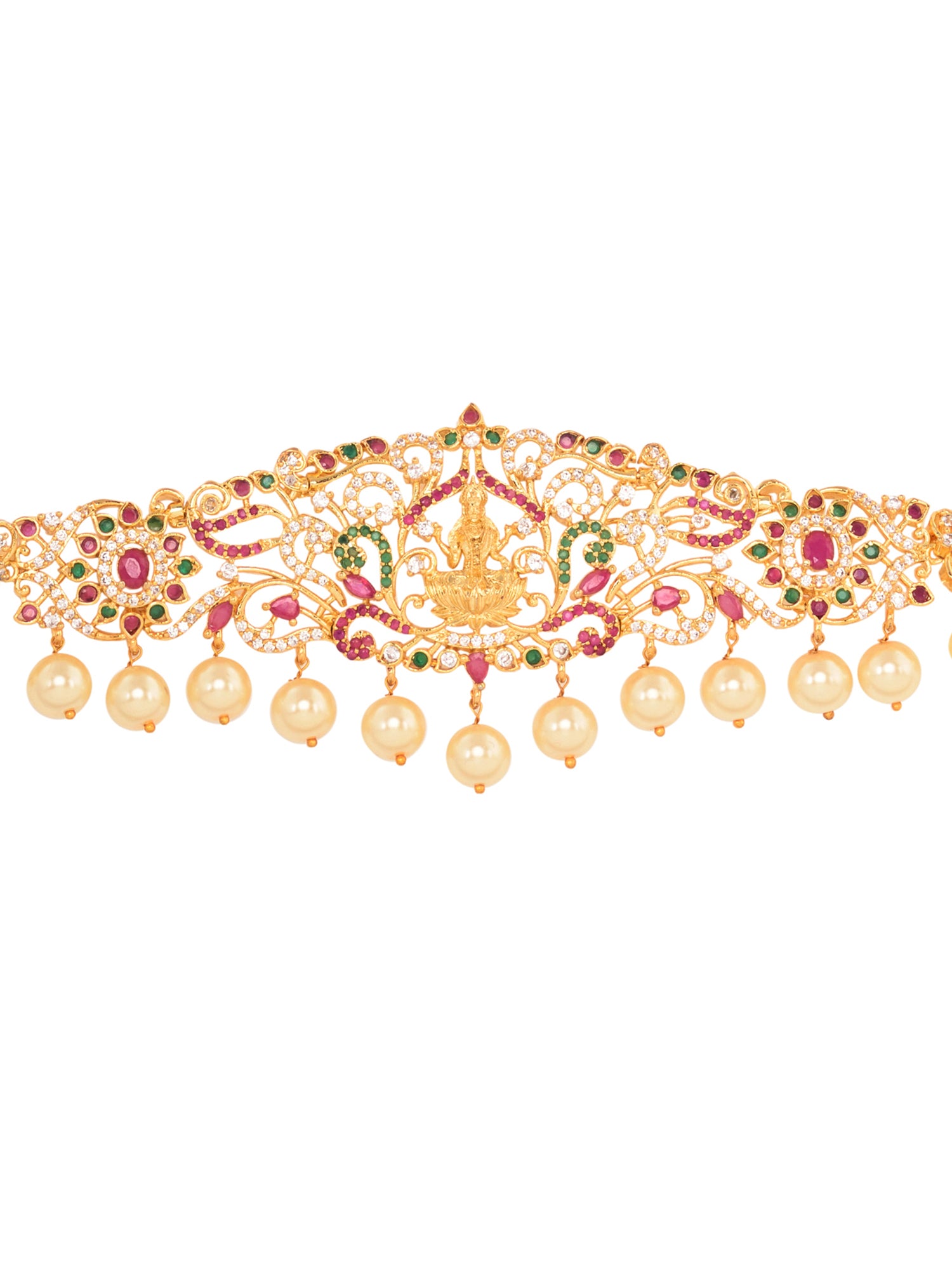 Red & Green AD STUdded Gold Plated Goddess Lakshmi Templef Kamarbandh, zaveri pearls, sale price rs, sale price, sale gold plated, sale gold, sale, rubans, ring, regular price, priyassi jewel