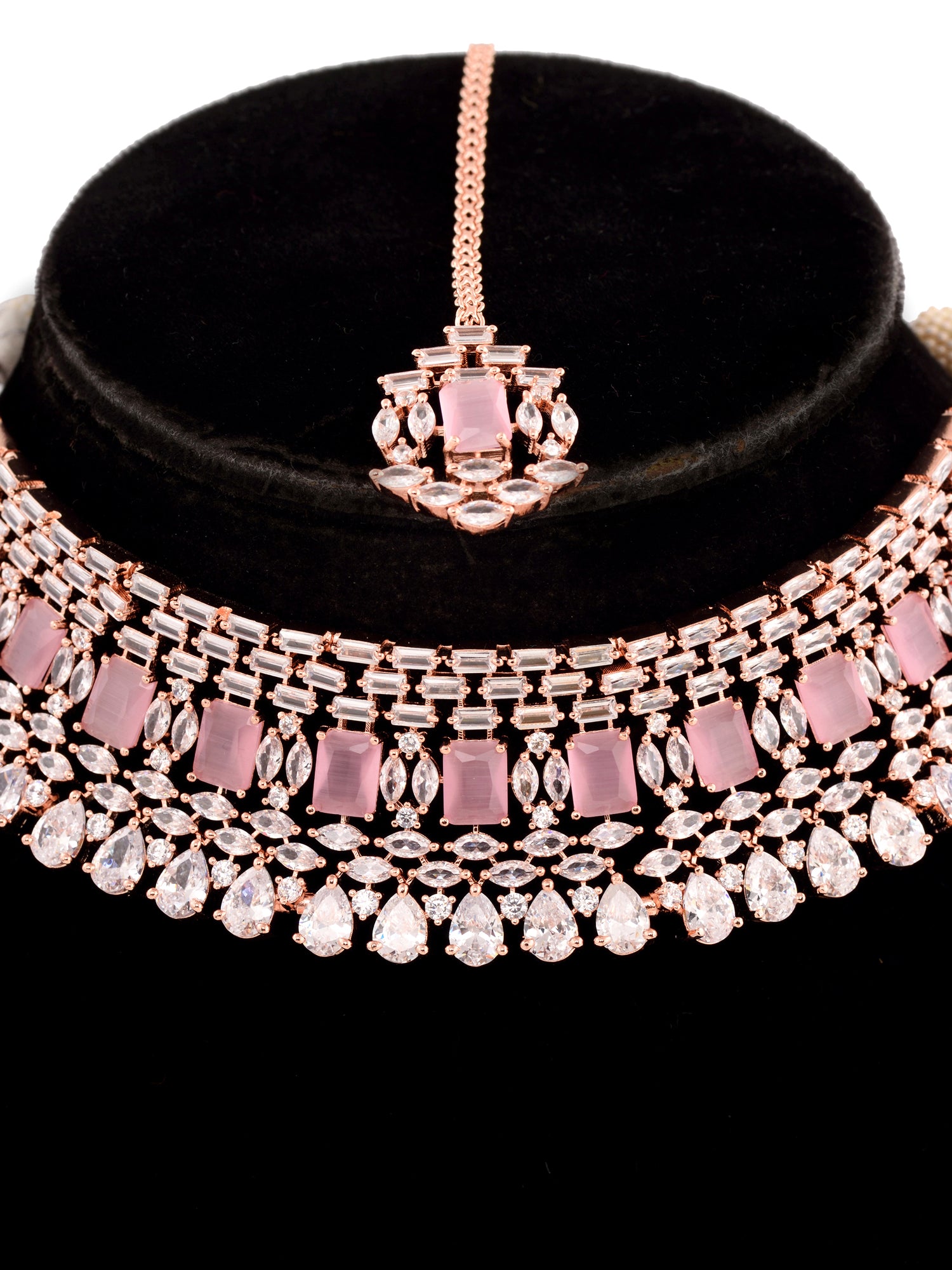 Rose Gold Plated Pink & White AD Studded Choker Earrings &Maang Tika Jewellery Set, zaveri pearls, sale price rs, sale price, sale gold plated, sale gold, sale, rubans, ring, regular price, p