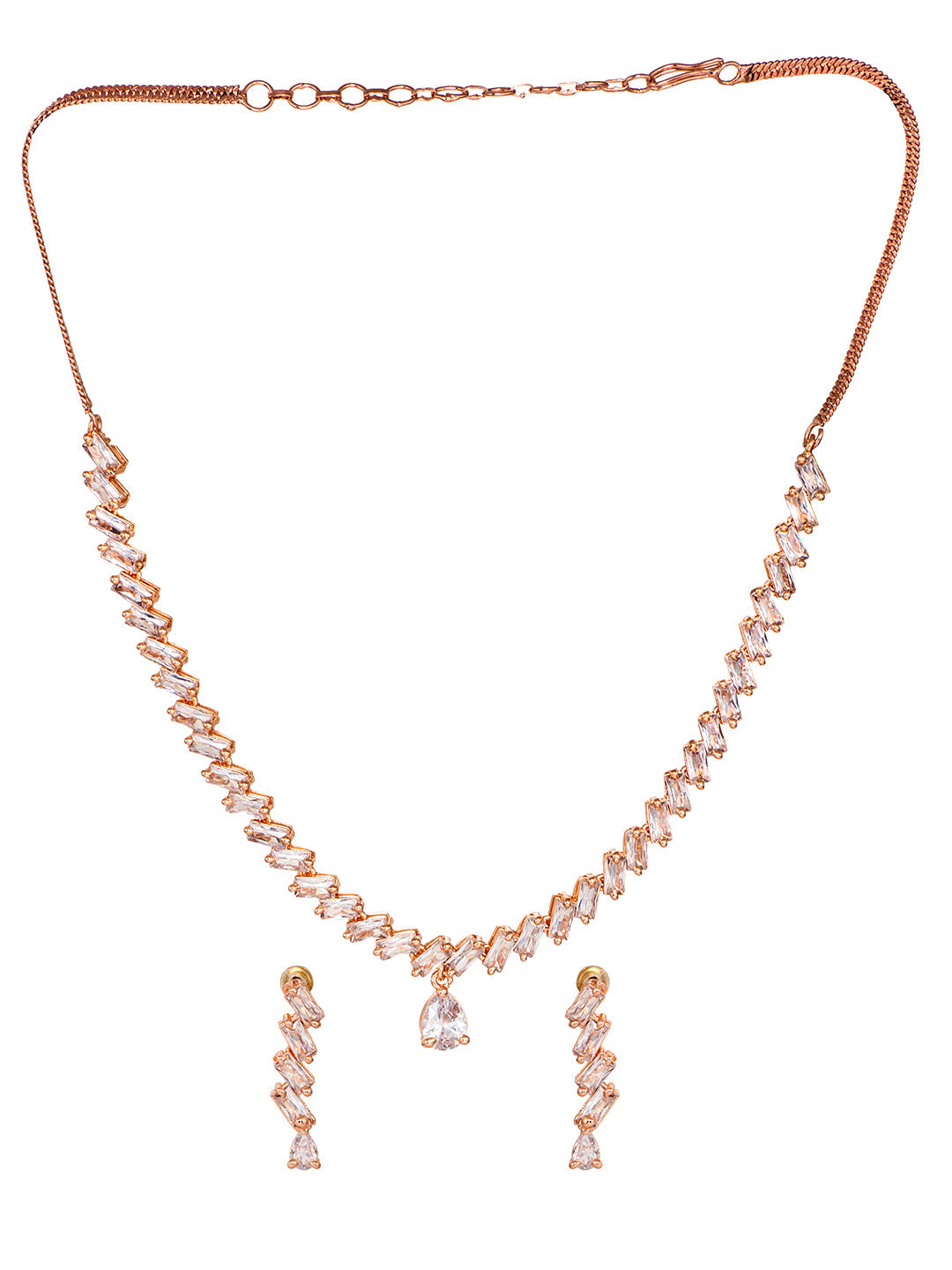 Rose Gold Plated AD Studded Zig Zag Minimal Necklace Jewellery Set, zaveri pearls, sale price rs, sale price, sale gold plated, sale gold, sale, rubans, ring, regular price, priyassi jeweller