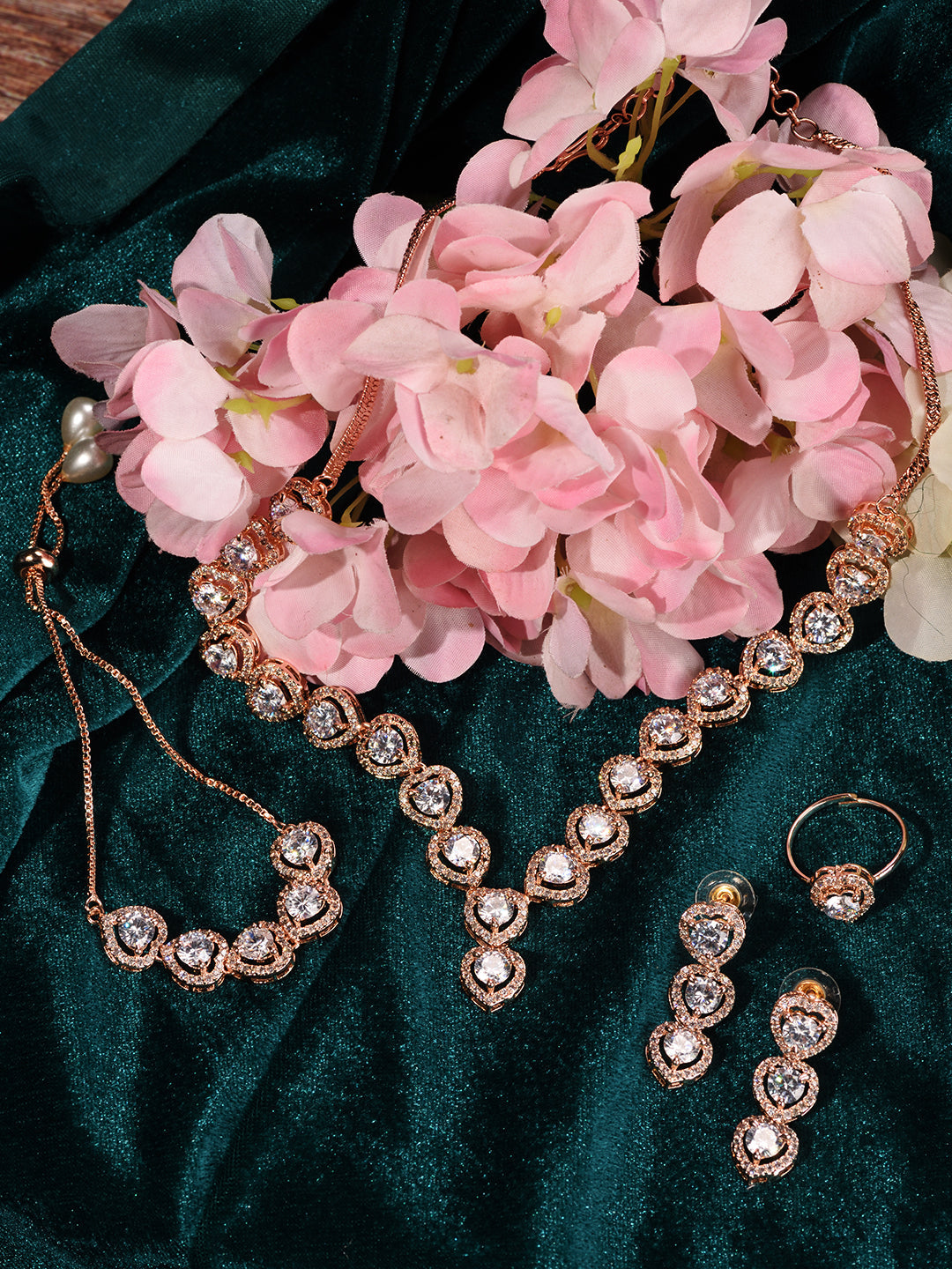 Rose Gold Toned AD Studded Minimal heart Shaped Necklace Jewellery Set Combo, zaveri pearls, sale price rs, sale price, sale gold plated, sale gold, sale, rubans, ring, regular price, priyass
