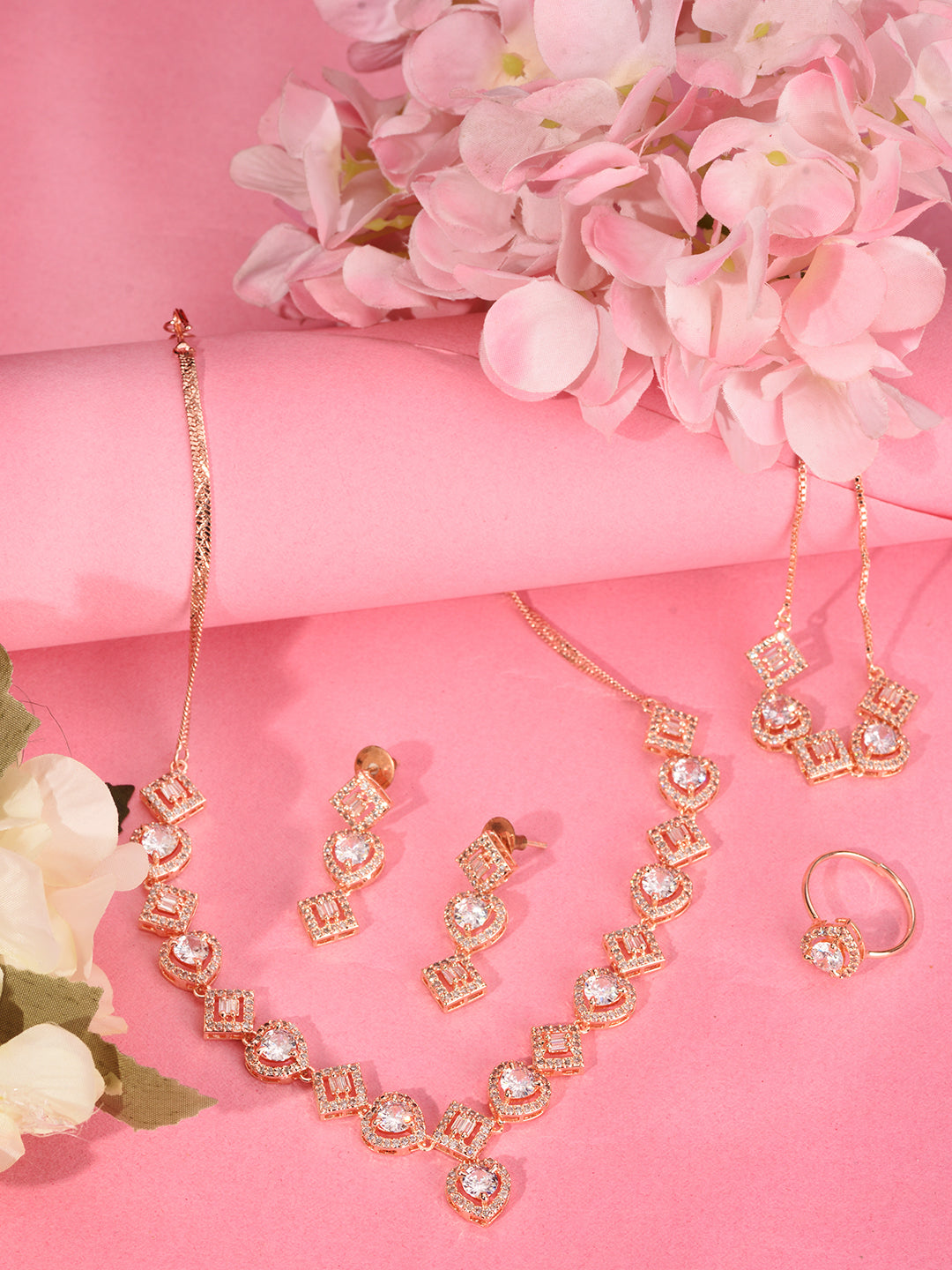 Rose gold Toned AD Studded Minimal Necklace Jewellery Set Combo Wraparound Bracelet, zaveri pearls, sale price rs, sale price, sale gold plated, sale gold, sale, rubans, ring, regular price, 