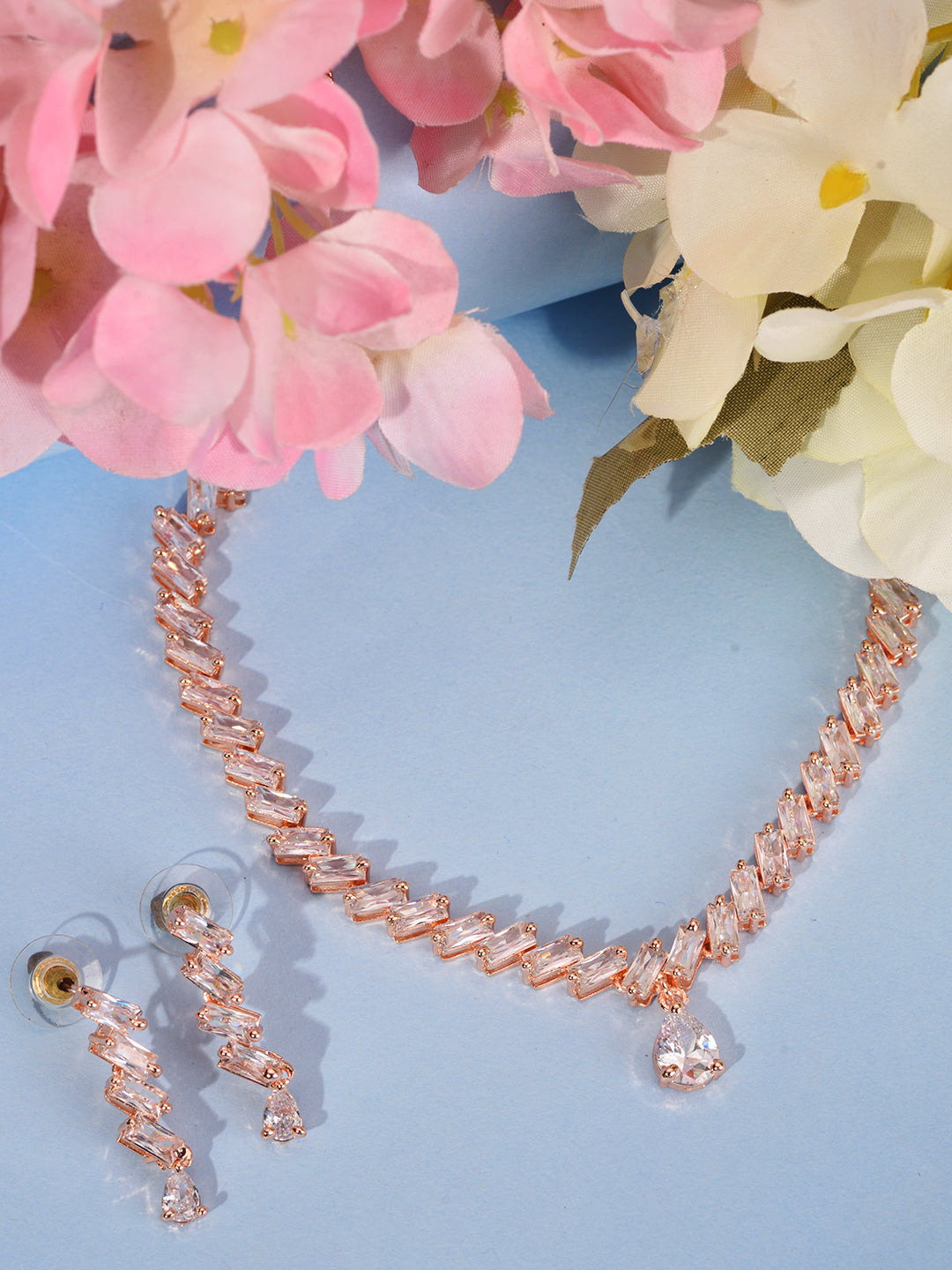 Rose Gold Plated AD Studded Zig Zag Minimal Necklace Jewellery Set, zaveri pearls, sale price rs, sale price, sale gold plated, sale gold, sale, rubans, ring, regular price, priyassi jeweller